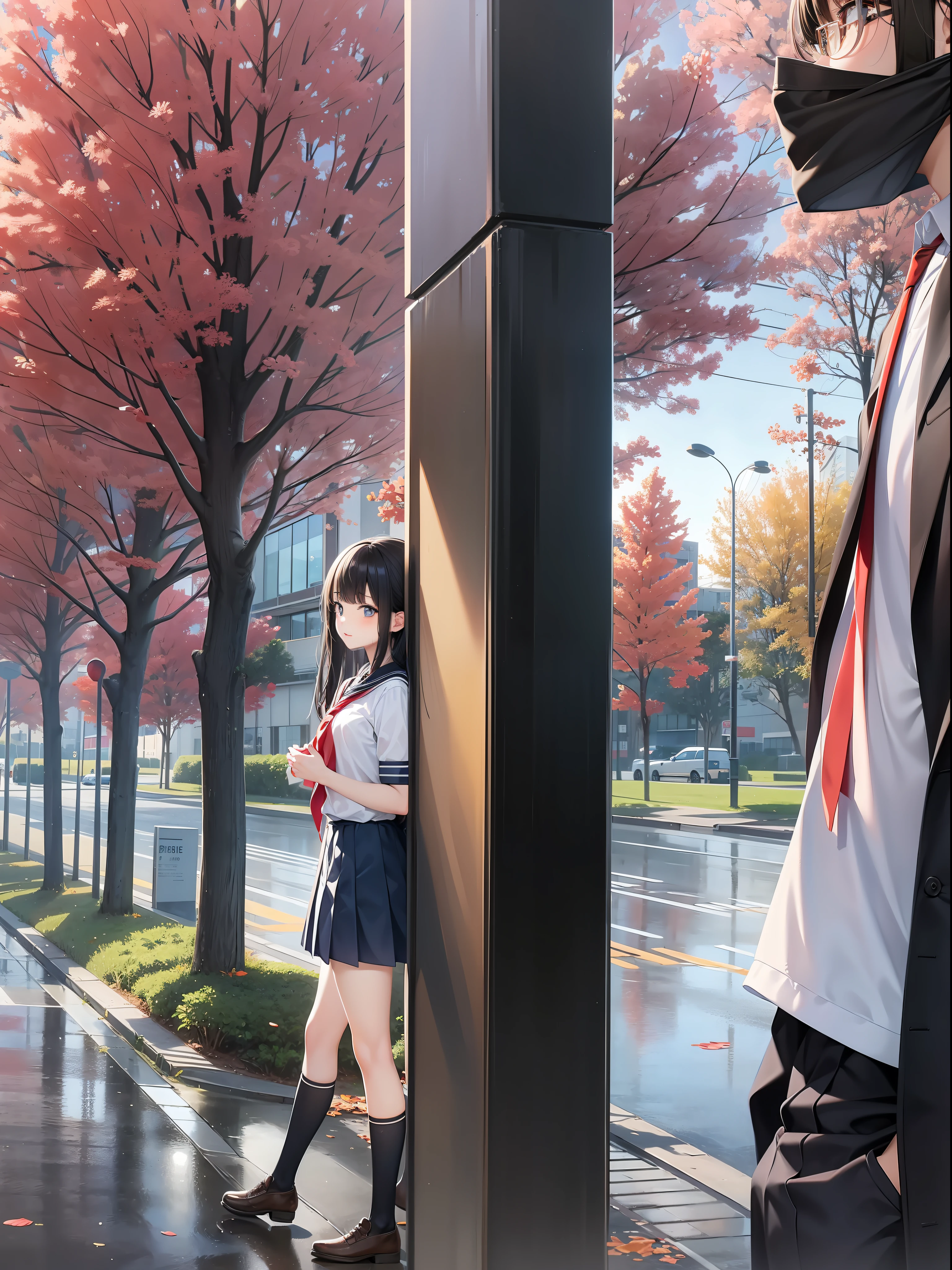 a female and a male, they are two students, wearing school uniform, lonely, rainny, around school, trees are beside the road, poddle of water reflectiing these two people, reflecting, a rainbow is on the sky, polar opposites, symmetry, panorama, perspective, ray tracing, reflection light, depth of field, close-up, masterpiece, best quality, high details, high quality, textured skin, ccurate, UHD, HD