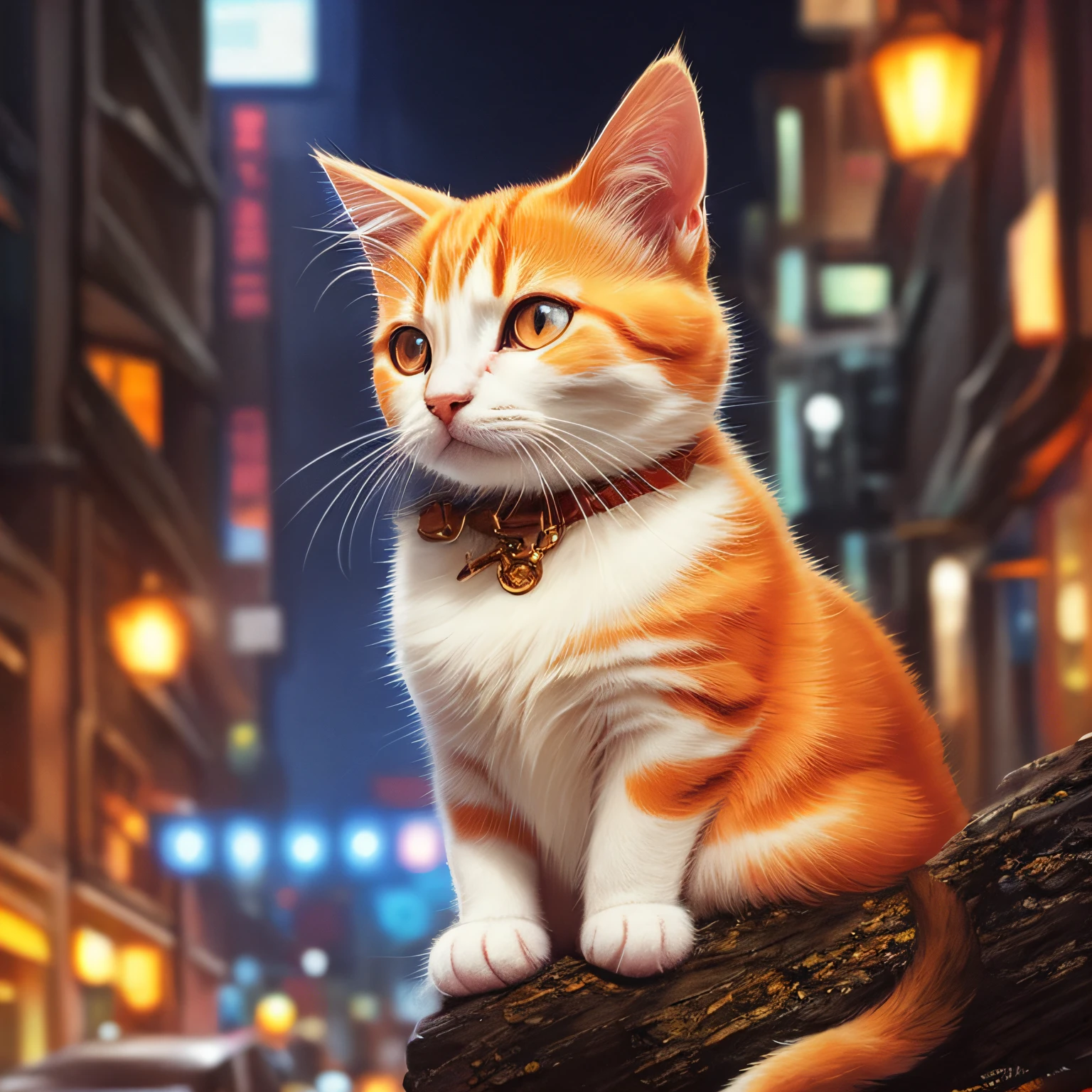 Orange and white kittens，Kitten in city downstairs lights，Night in the city， It is unacceptable not to draw eyes， UHD 8k， Concept art portrait by Greg rutkowski， artgerm， ultra - detailed， intricately details， triadic colours， dream magical， Complicated details， splash image， complementary colours， 8K分辨率， oil painted， heavy brushstrokes， gentle illumination， Film photography， analogue photography， filmgrain， hyper photorealism --auto