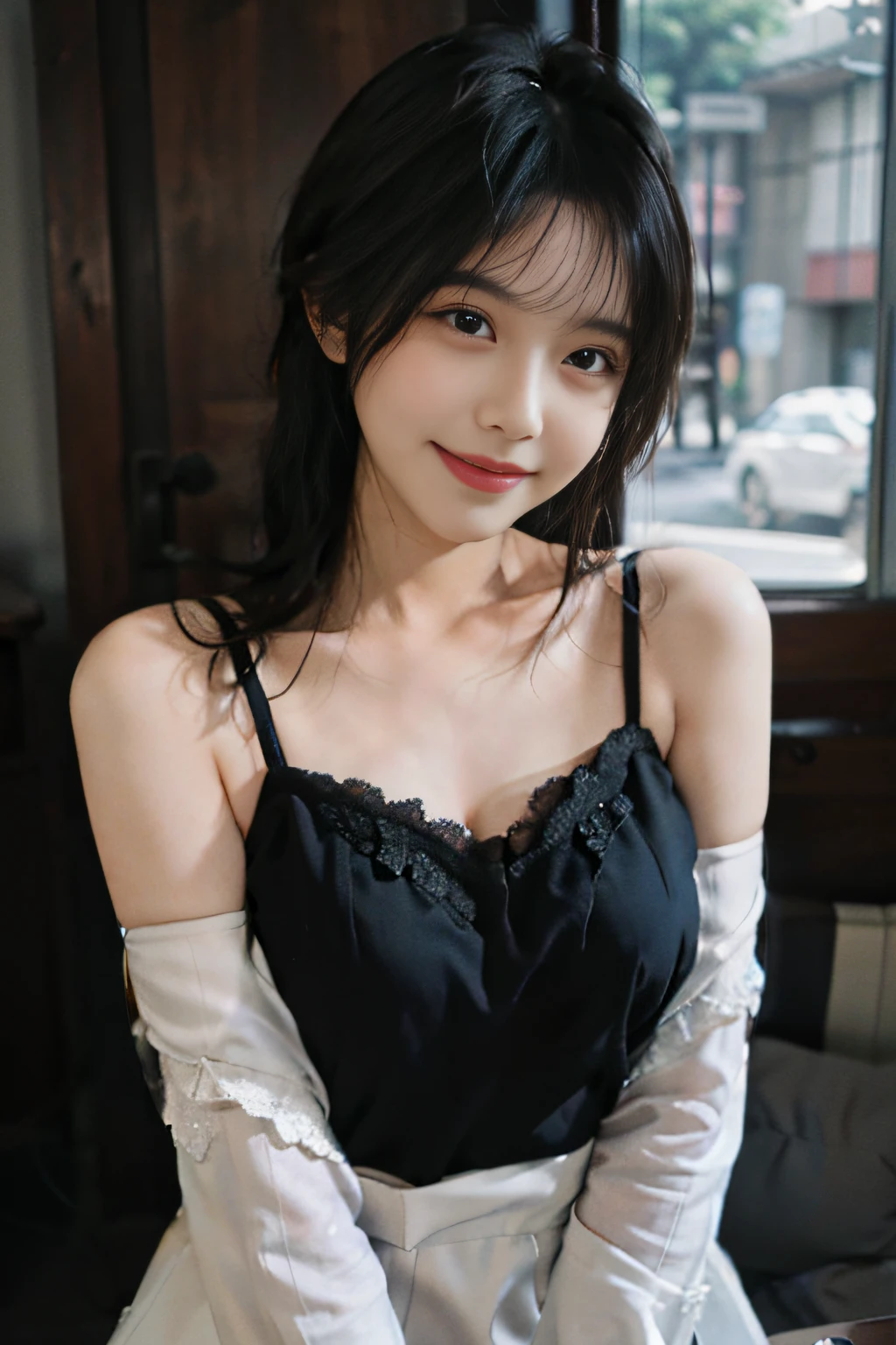 (mideum breasts:1.2),(Harnes,Lace,deep v big breasts),(cropped shoulders),(ssmile)