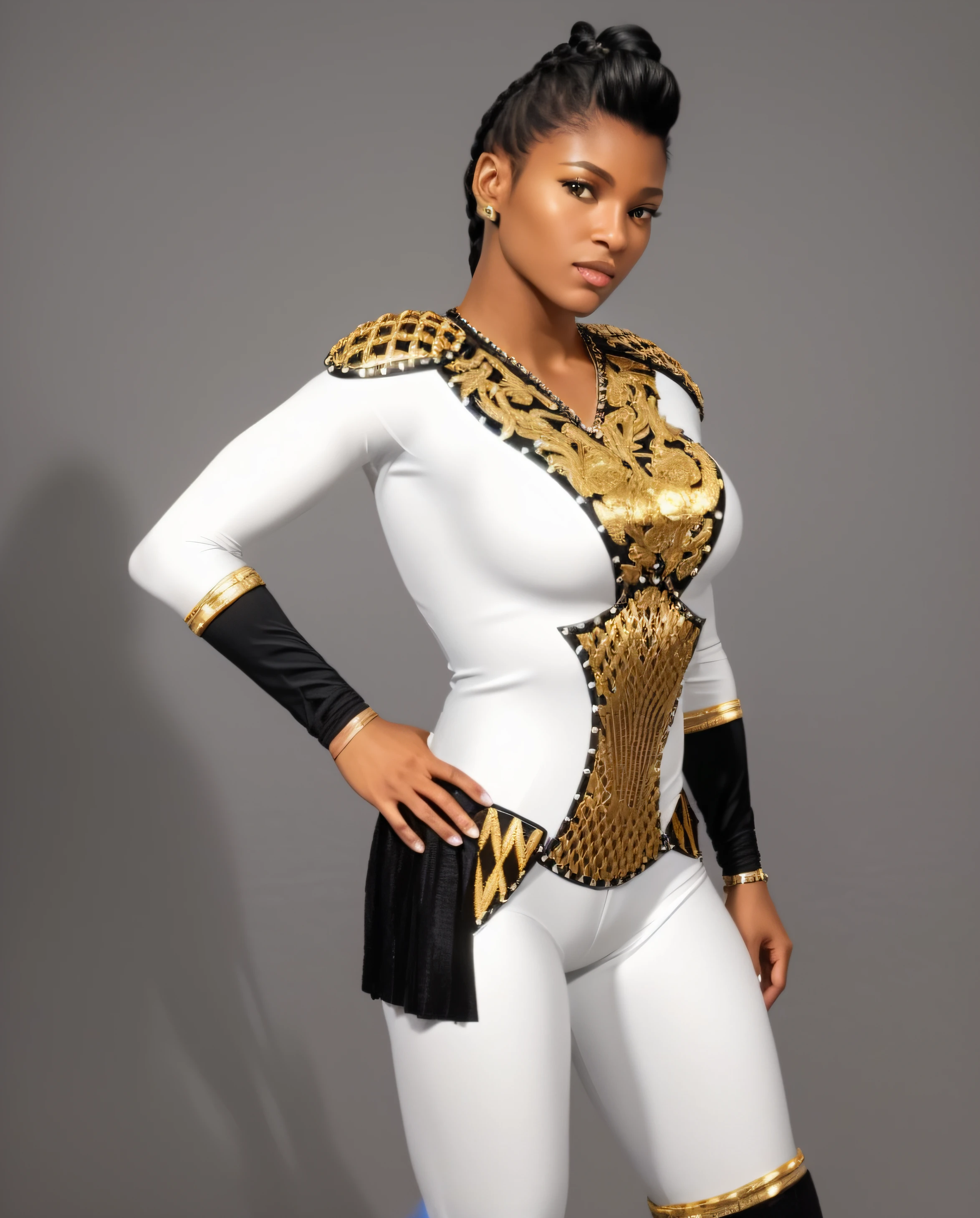 ((masterpiece, best quality)), Black female wrestler with long braided ponytail, in white gold and black ornate bodysuit, black and gold bracers, photo realistic, intricate details