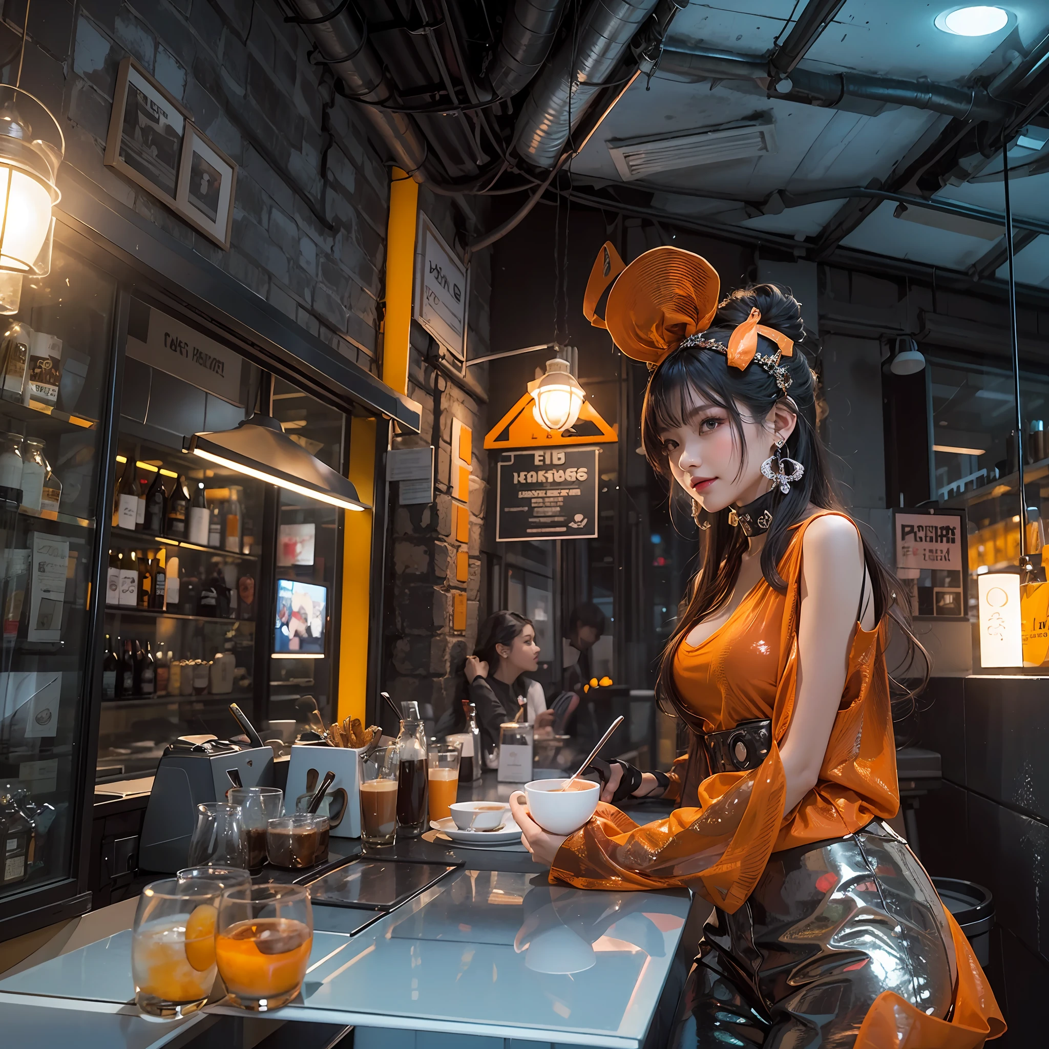 Best quality,tmasterpiece,Ultra-high resolution fills the picture,Indoor at night,Cafe in the sky,Orange color scheme for the café,There was coffee and wine,the night,inside in room,Orange neon color scheme,Silver-white hair,Black fashion clothing,Orange and black matching outfits,boxer,Cafe beautiful girl,cyberpunk backgrouns,The background is colorful,Lateral face,Smiling,Various laid-back poses,Perfect makeup,Love eyes,8K quality,cyber punk perssonage,sense of science and technology,Character backlighting,rim-light,Movement changes,Flowing hairstyle,Loose hairstyle,The number of fingers is refined,The most beautiful girl in mankind,Wear a headband,Wear delicate accessories,Delicate close-up of the face,Realistic image quality,Super light and shadow,Very good figure,Meticulous,Have a cup or coffee on the roof in the evening,Very good figure,Raised sexy,luminous,Cool,Very stylish café