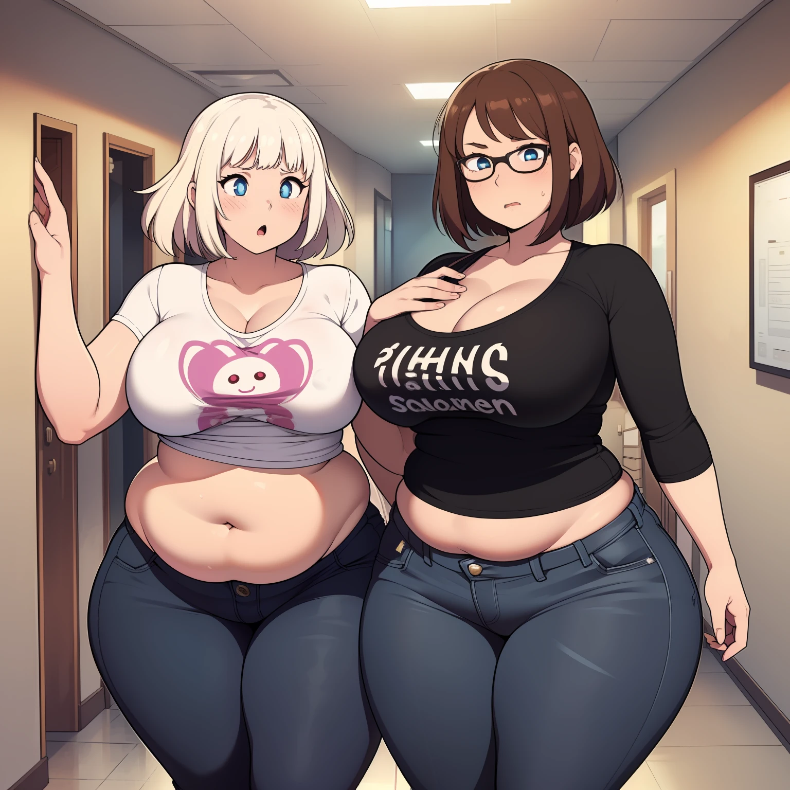 (((kipteitei art))), ((masterpiece)), (((best quality))), ((ultra-detailed)), (((illustration))), detailed face, detailed body, ((2girls)), ((Line art)), (in the style of cell shaded), (vivid colors), skindentation, (((fluffy hair))), looking at viewer, surprised, shocked, worried, tee shirt, blue jeans, skirt, (tight clothes), ((school hallway)), medium breasts, cleavage, perky breasts, tummy bulge, pudgy, fat folds, belly hang, soft body, gaining weight, (((wide hips))), ((((thick thighs)))), 2 girls standing next to each other, hip grab,