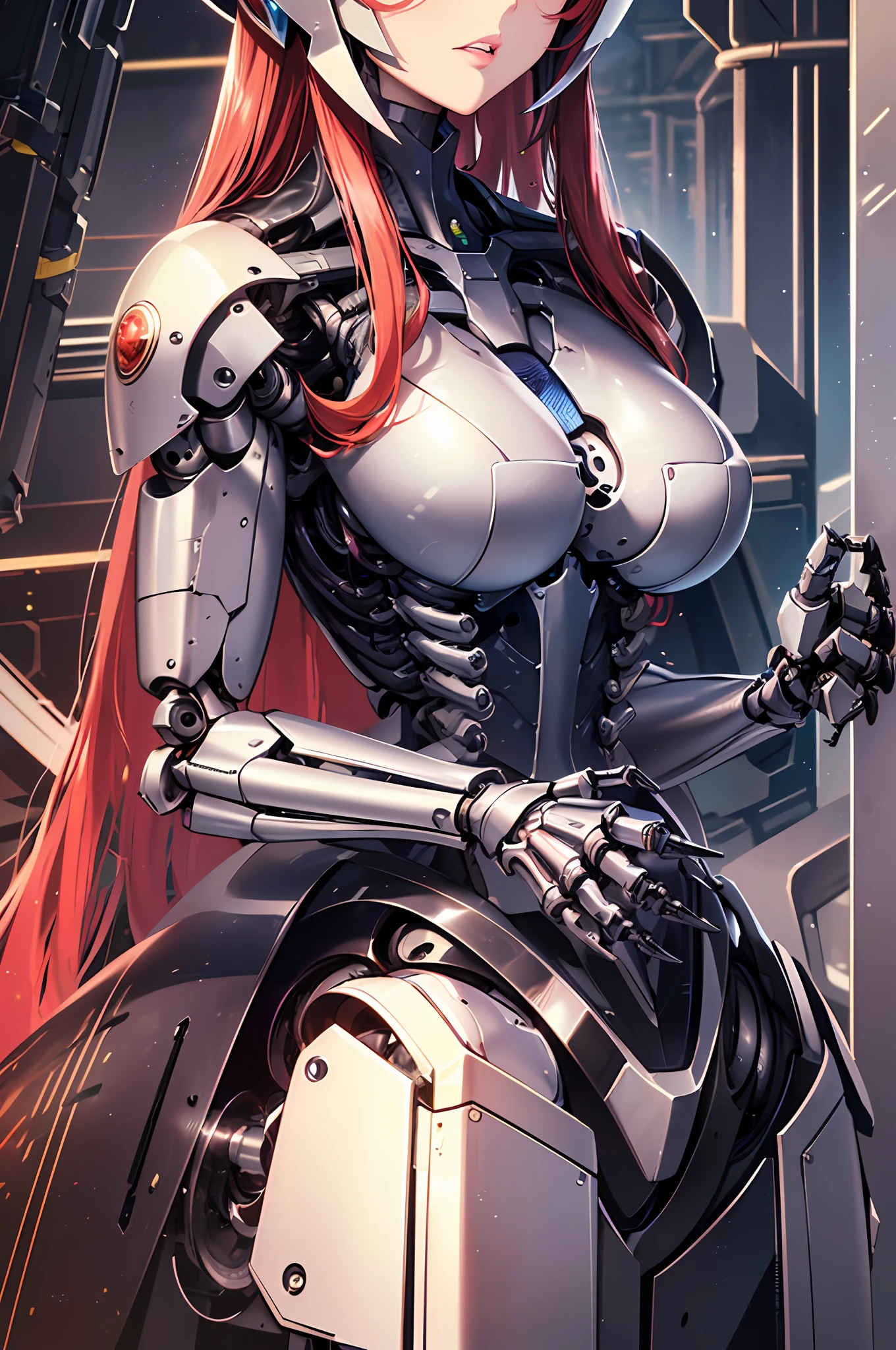 Top quality, super detailed, Super detailed details, fine detail, incredibly beautiful, princess knight robot, (A helmet that only reveals the mouth), thick lips, (machine joints, machine limbs:1.3), (Machine internal structure exposure:1.3), (red long hair1.1), white Veils, cowboy_shot, side focus, shiny, (mechanical blindfold), (five fingers, 4fingers and 1thumb),