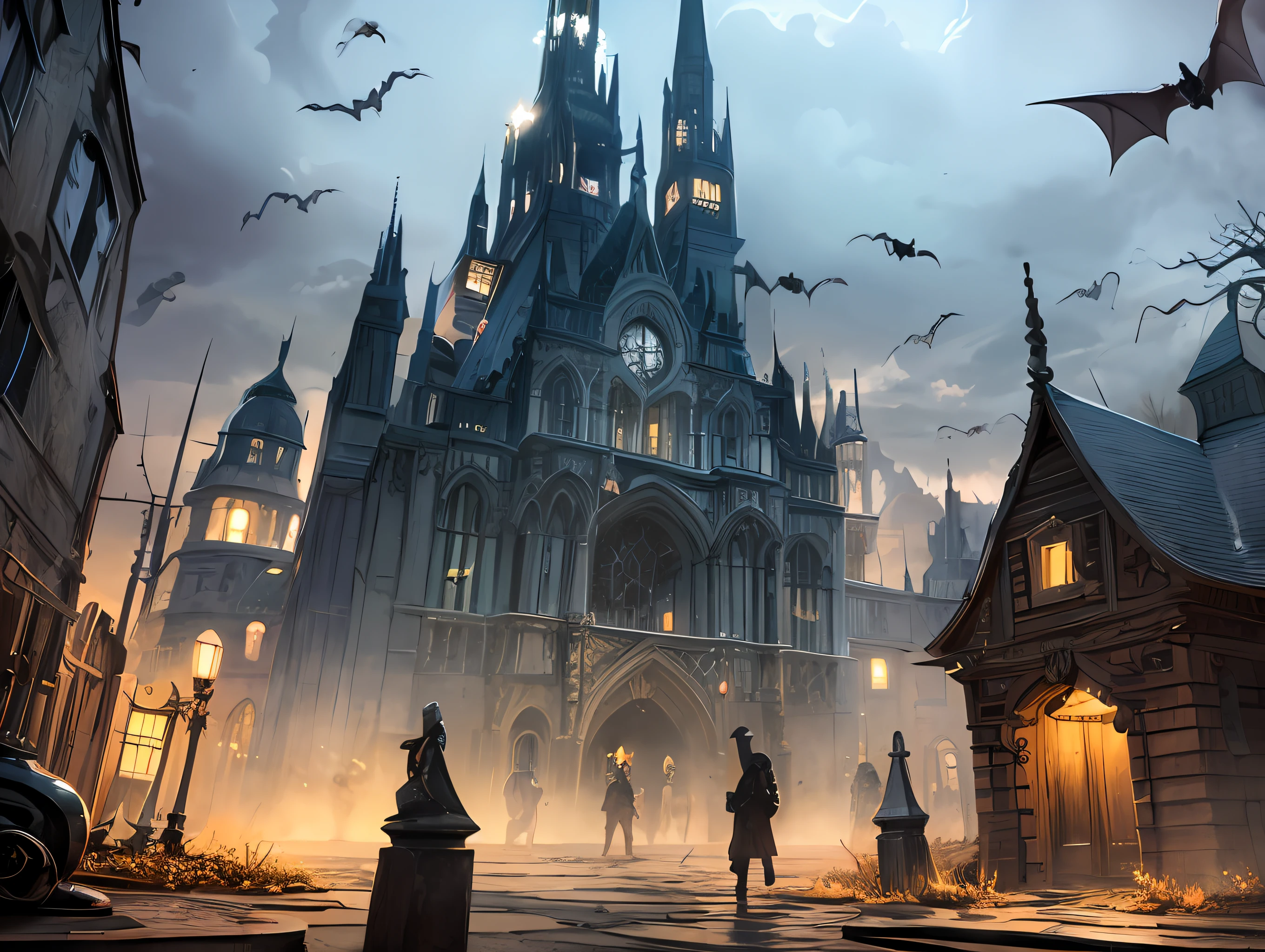 Front right view, Dark old vampire blindfolded, the bats, Vampire Lair horror, Creepy atmosphere HDR, hyper realisitc, ((Intricate details)), ((Intricate details, ultra - detailed)), Cinematic, voluminetric lighting