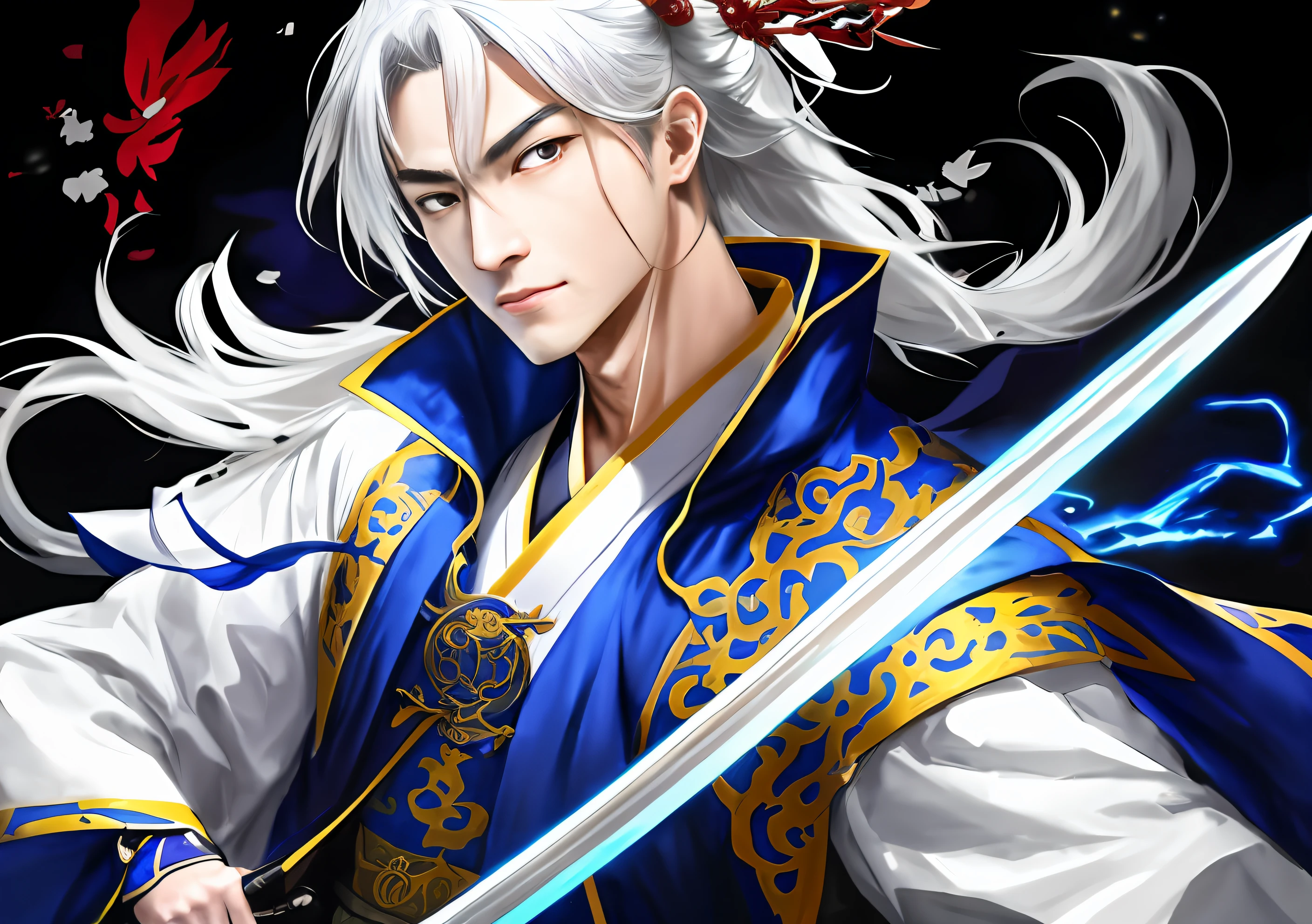 a close up of a person holding a sword and a sword, by Yang J, Inspired by Huang Shen, G Liulian art style, Onmyoji detailed art, zhongli from genshin impact, Keqing from Genshin Impact, onmyoji, inspired by Hong Ren, inspired by Li Gonglin, author：Yang Jin, white-haired god