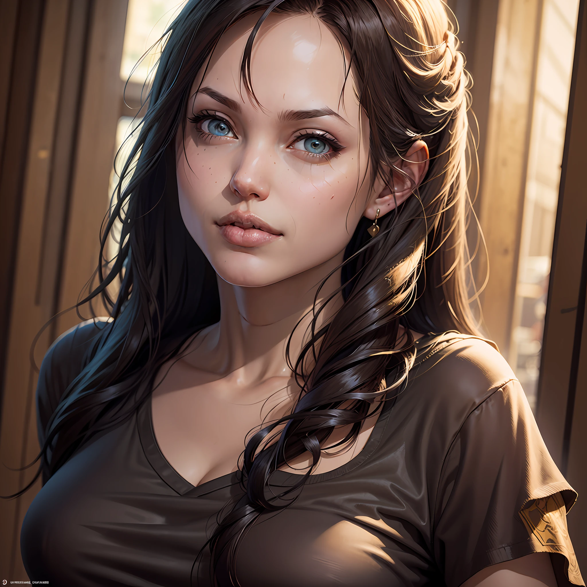 8K Ultra-Detailed photo-realistic portrait of a cute girl with small breasts, blush on her cheeks, beautiful detailed eyes, long floating hair done in the NovaFrogStyle, with a slight smile and closed mouth, by master artists like Ismail Inceoglu, Dragan Bibin, Hans Thoma, Greg Rutkowski, Alexandros Pyromallis, and Nekro. --auto