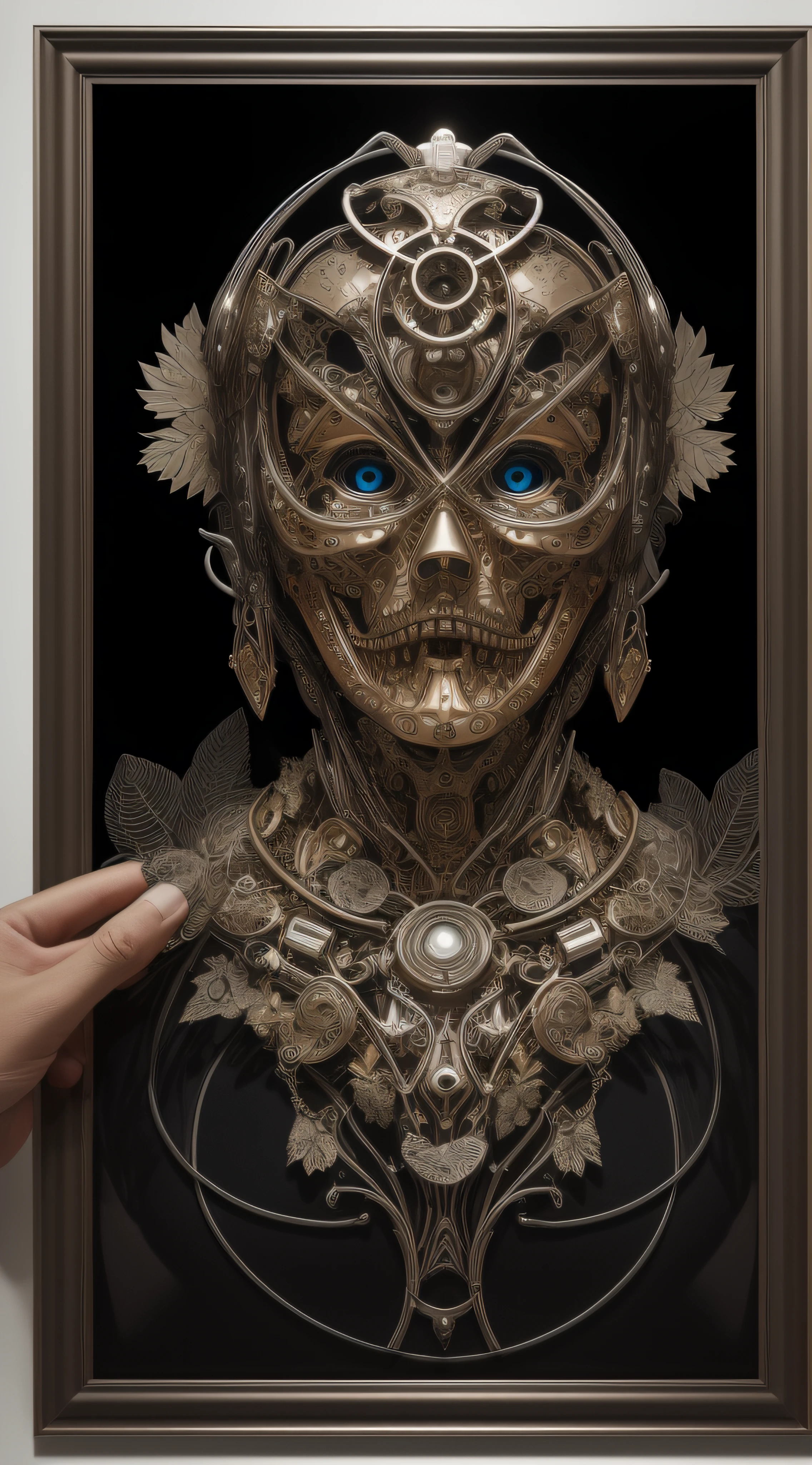 Nousr Robot, sophisticated 3D rendering with ultra-detail of the beautiful angel of death, biomechanical cyborg, analog, 150mm lens, Beautiful natural soft light around the edges, large leaves and stems, roots, fine foliage lace, colorful details, samurai, Costume by Boris Bijan Saberi, pearl earring, piercing, Art Nouveau embroidery, intricate details, mesh wire, mandelbrot fractal, anatomical, facial muscles, cable wires, microchip, bully, A hyper-realistic, Ultra-detailed, Octane rendering, voluminous lighting, 8k post-production, red and white with a hint of black, Detailed metal bones, half-human, iridescent colors, Glenn Brown style, The White Room, The Power of God, foreshortening, Difficult poses