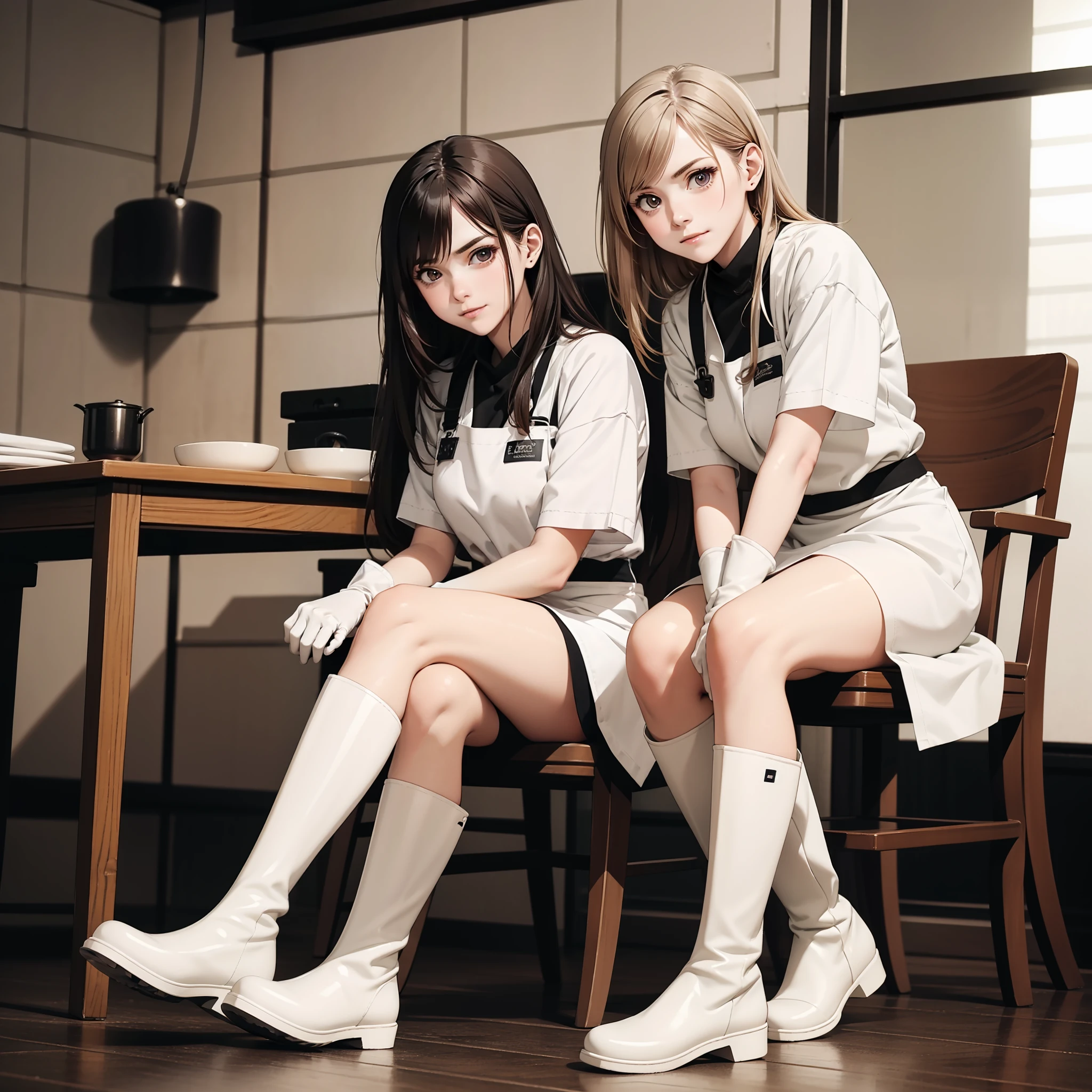 With the best image quality、Photos with the image of Japan and modern beautiful women、Female keeper sitting on a chair、White rubber boots、Shoe soles、glaring at you with a cheeky attitude、white lab coat、White rubber gloves、Rubber Apron、Wearing white rubber boots、Killing Ground、Dirty boots、