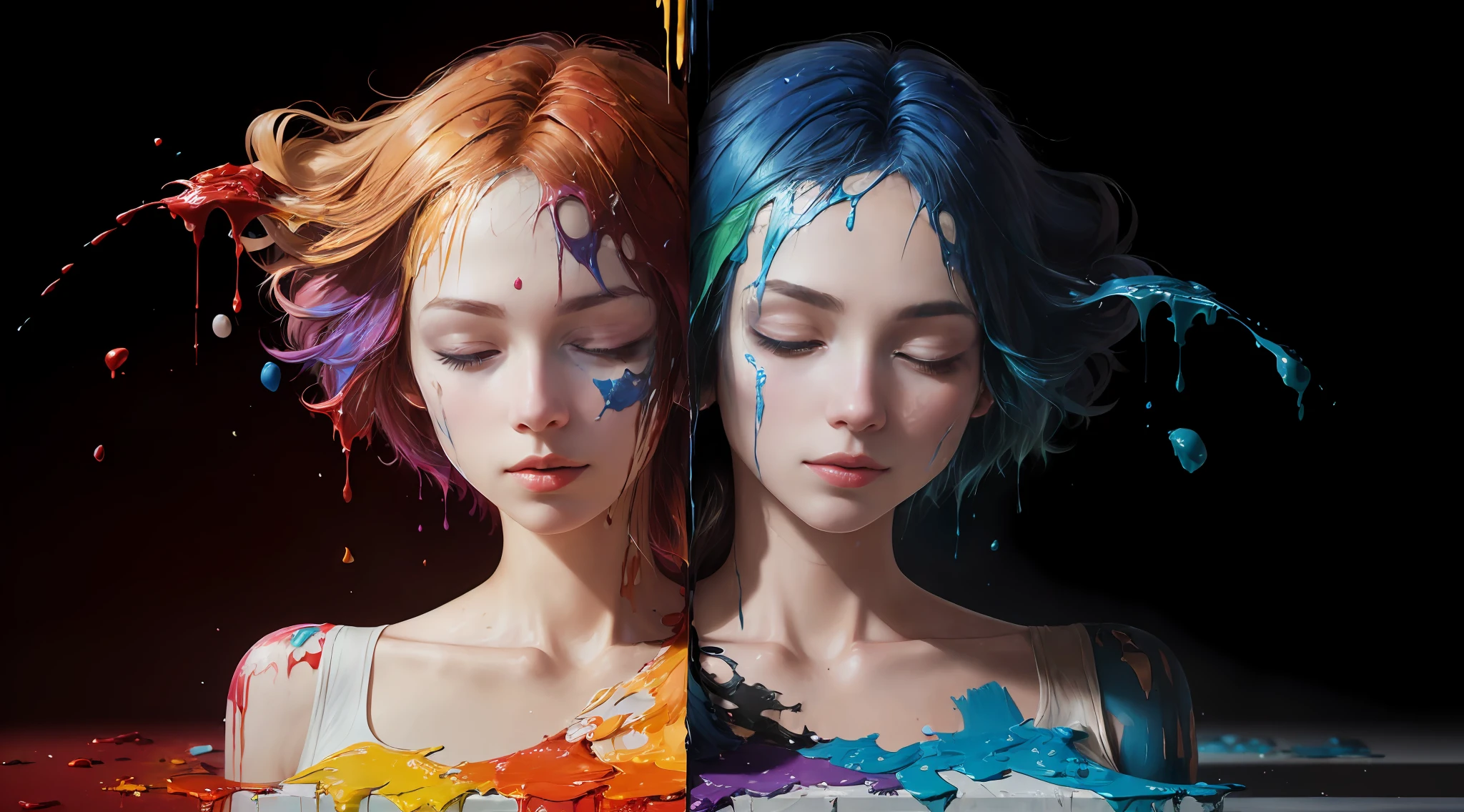 (level difference:1.8),(Paint colliding and splashing on the canvas),(depth of field),1girl's side face blends into it,((side face)),(liquid paint rainbow hair:1.1) made of paint and defies gravity,thick flowing,(paint splatter:1.3),Liquid state,stunningly beautiful, masterpiece, detailed background,ultra high quality model, ethereal background,abstract beauty, explosive volumetric, oil painting,heavy strokes,Romantic lighting,Sub-Surface Scatterring,lens 135mm,f1.8,glow,8k,high resolution, dreamy,ray tracing,hdr,god rays, ((closed eyes))