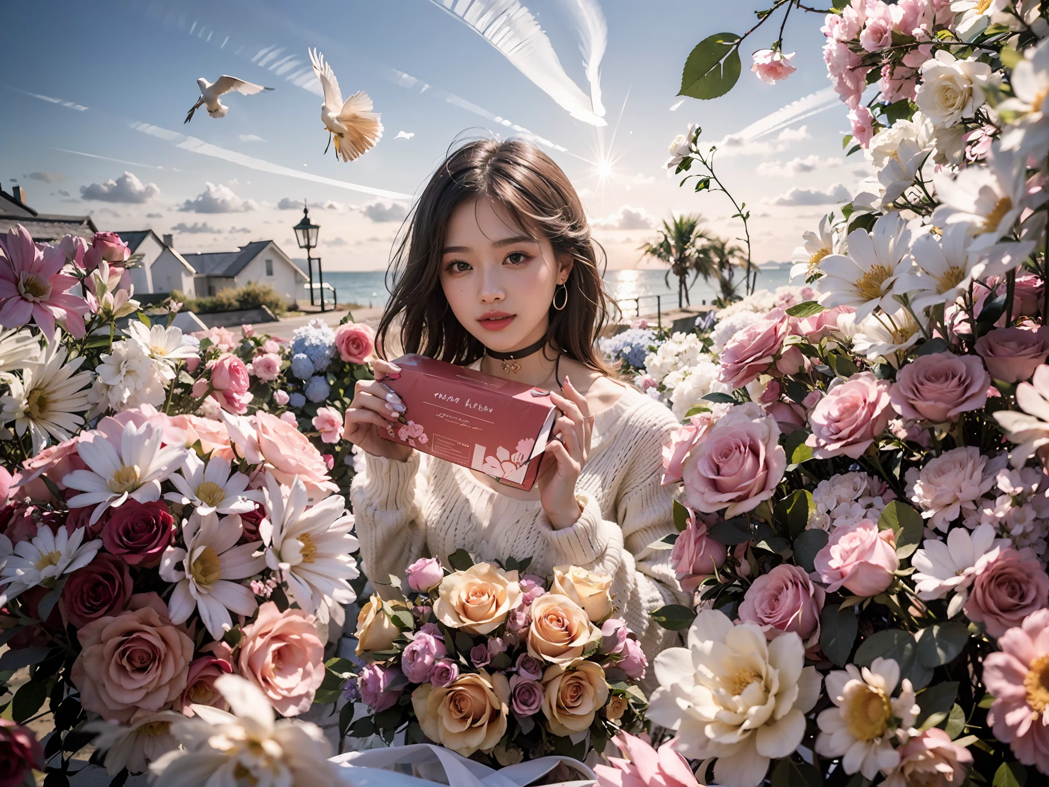 A house full of pink roses, Pink roses filled the girl's side, lightand shade contrast, Strong light shines on the girl's body,at the terrace, lighthouse, Blue beachfront background, Coastline background, Flower-filled environment, (Photorealistic:1.4), 1girll, Holding a white box in his hand,Girl in pink rose,colorful rose, wearing a white sweater, Large flowers, Solo, Chinese girl's face, Exquisite facial features, ssmile, Earrings, choker necklace, Skirt, Masterpiece,Best quality