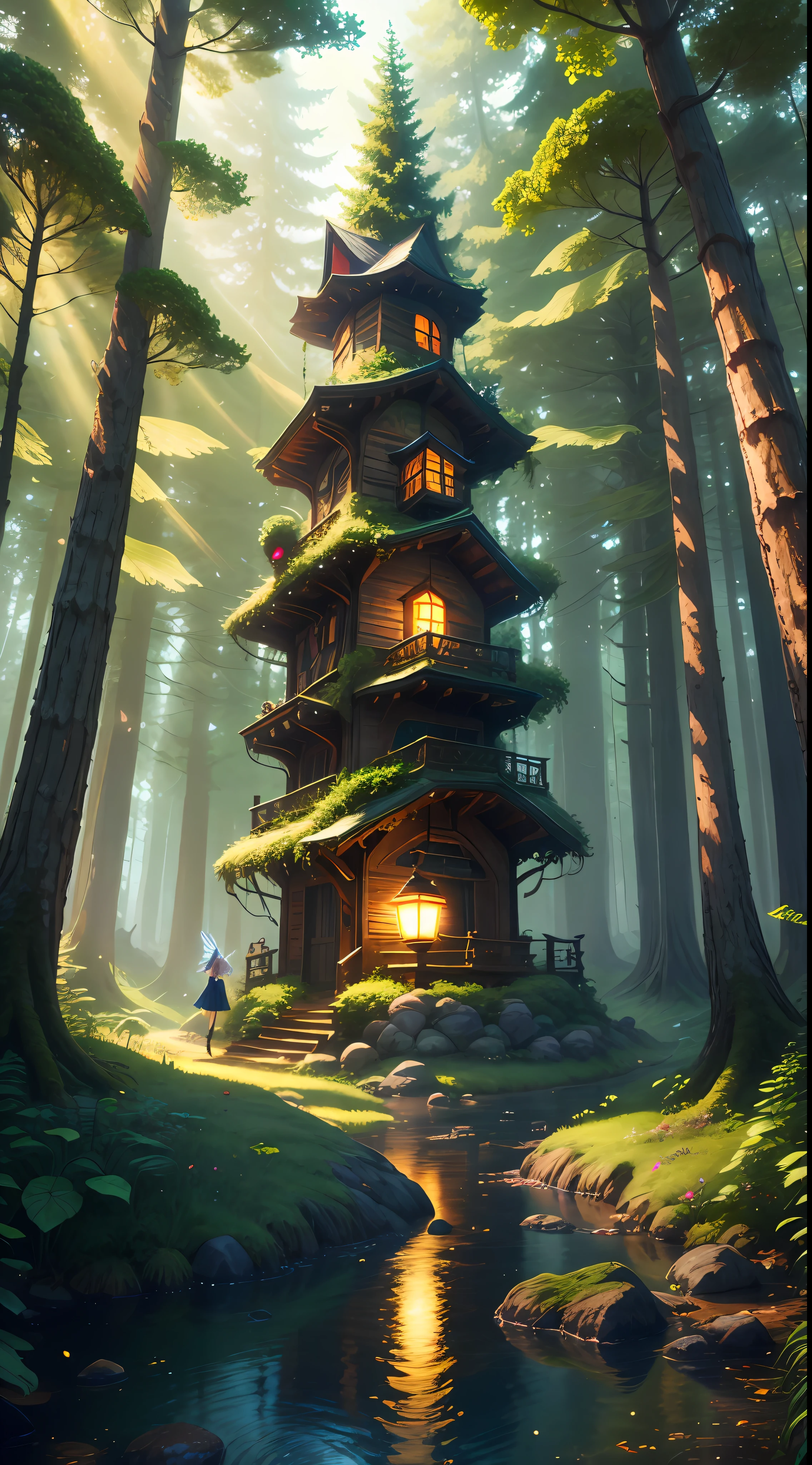 There are many butterflies flying around a small lantern in the woods, magical forest back wheel, magical forest with fireflies, glowing butterflies, there is a girl walking on the water, littlein the middle of the picture, anime lush John 8K forest, magical fantasy forest, magic fairy forest, beautiful art UHD 4 K, charming magic fantasy forest, magical forest background, magical forest, 4K highly detailed digital art, magical environment, background artwork