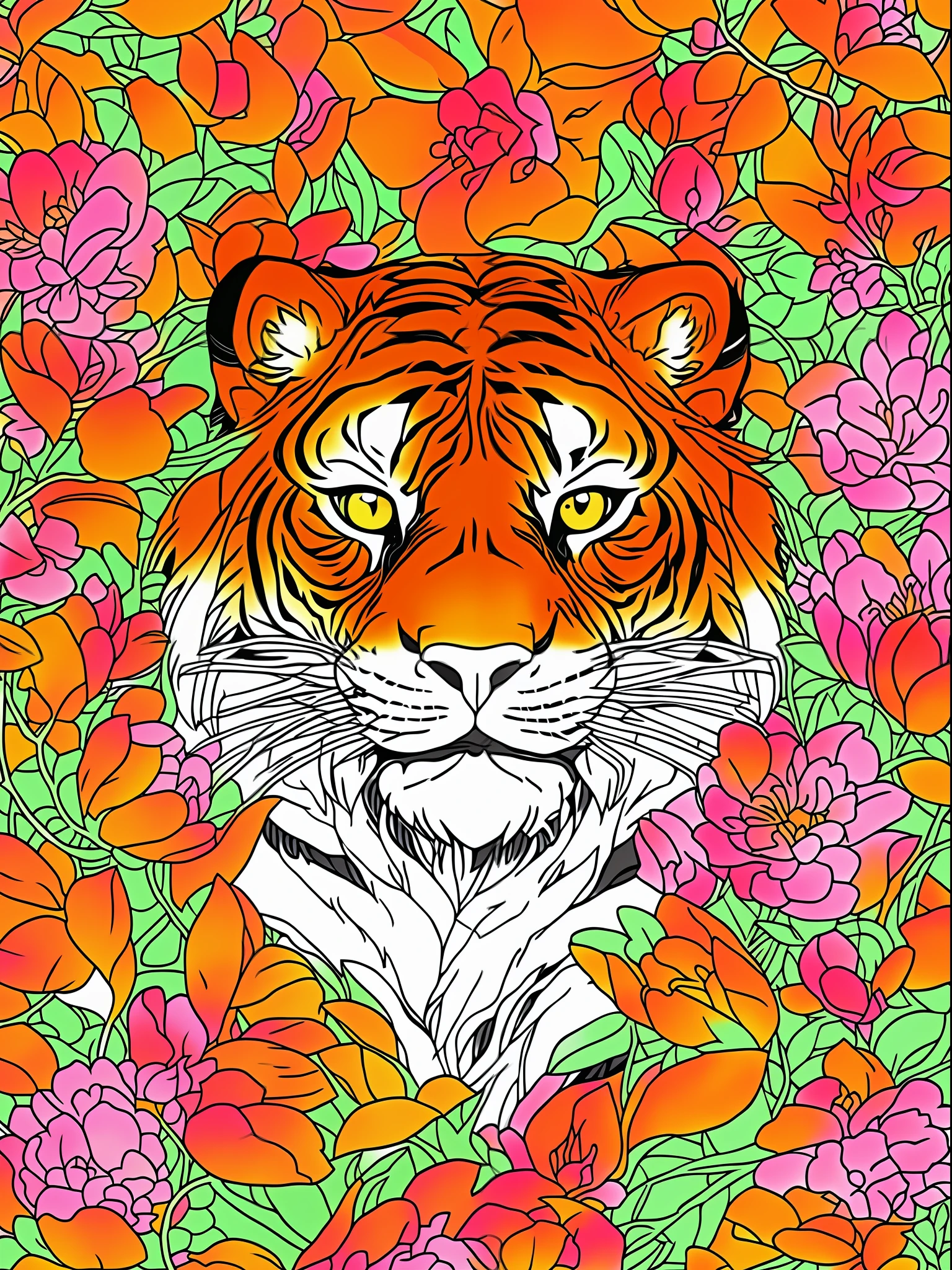 a black and white drawing of a tiger surrounded by flowers, colouring page, line art colouring page, tiger head, black and white coloring, black and white color only, tiger face, ((tiger)), highly detailed vector art, highly detailed linework, coloring book outline, colouring - in sheet, coloring pages, a tiger, sacred tiger, anthropomorphic tiger,full color