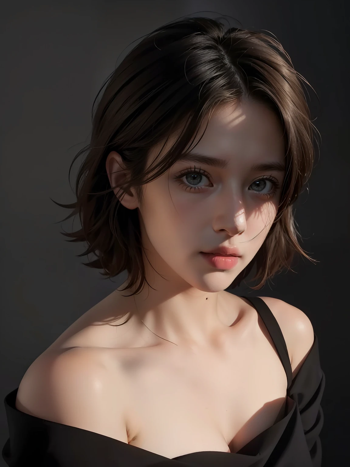 Best quality, masterpiece, ultra high res, (photorealistic:1.5), raw photo, 1girl, offshoulder, in the dark, deep shadow, low key, cold light, sexy look, short hair