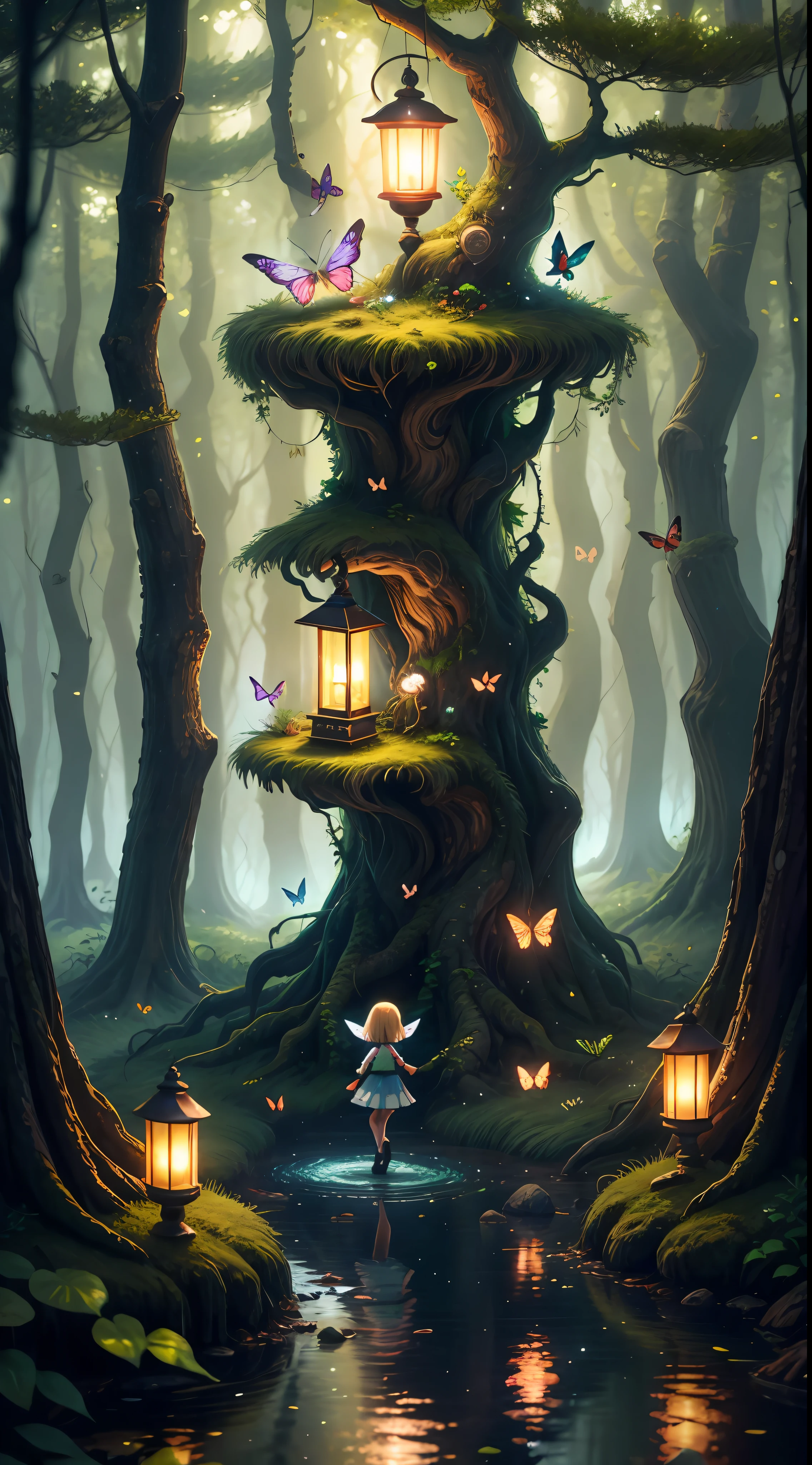 There are many butterflies flying around a small lantern in the woods, magical forest back wheel, magical forest with fireflies, glowing butterflies, there is a girl walking on the water, littlein the middle of the picture, anime lush John 8K forest, magical fantasy forest, magic fairy forest, beautiful art UHD 4 K, charming magic fantasy forest, magical forest background, magical forest, 4K highly detailed digital art, magical environment, background artwork