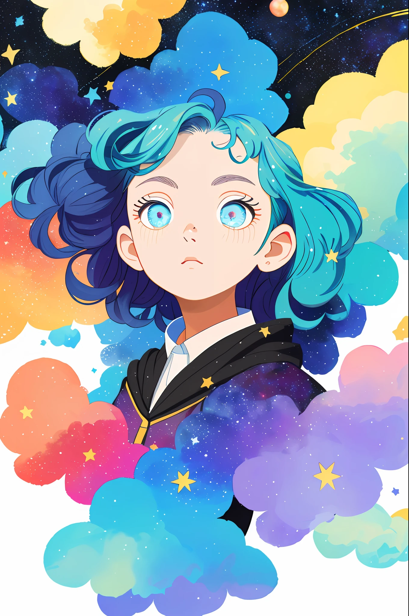 ((masterpiece)), (((best quality))), ((ultra-detailed)), ((illustration)),[realism light effect],shadow,(Fantasy style),(white background:1.6), simple background, (earth theme),(a cloak)[(hair focus,((1girl)),[(big slime hair): (cloud hair):0.3], (hair on background),(high saturation),(hair surrounded by galaxy splashes),)):((her hair is becoming galaxy clouds,:1.27628), (hair and clothes is galaxy clouds and cluster of stars:1.1025),(a cloak is becoming galaxy clouds)(colorful_galaxy_print_clusters_of_stars_print:1.35),((detailed starry sky with colorful galaxy and galaxy clouds):1.2)):0.35], (((masterpiece))),(((best quality))),((ultra-detailed)),(illustration),(dynamic angle),((floating)),(paint),((disheveled hair)),((beautiful detailed face)),collar,bare shoulders, ((colorful hair)),((streaked hair)),beautiful detailed eyes,(Gradient color eyes),(((colorful eyes))),(((colorful background))),(((high saturation))),(((surrounded by colorful splashes))),(((surrounded by colorful dot))),colorful bubble,((shining)),