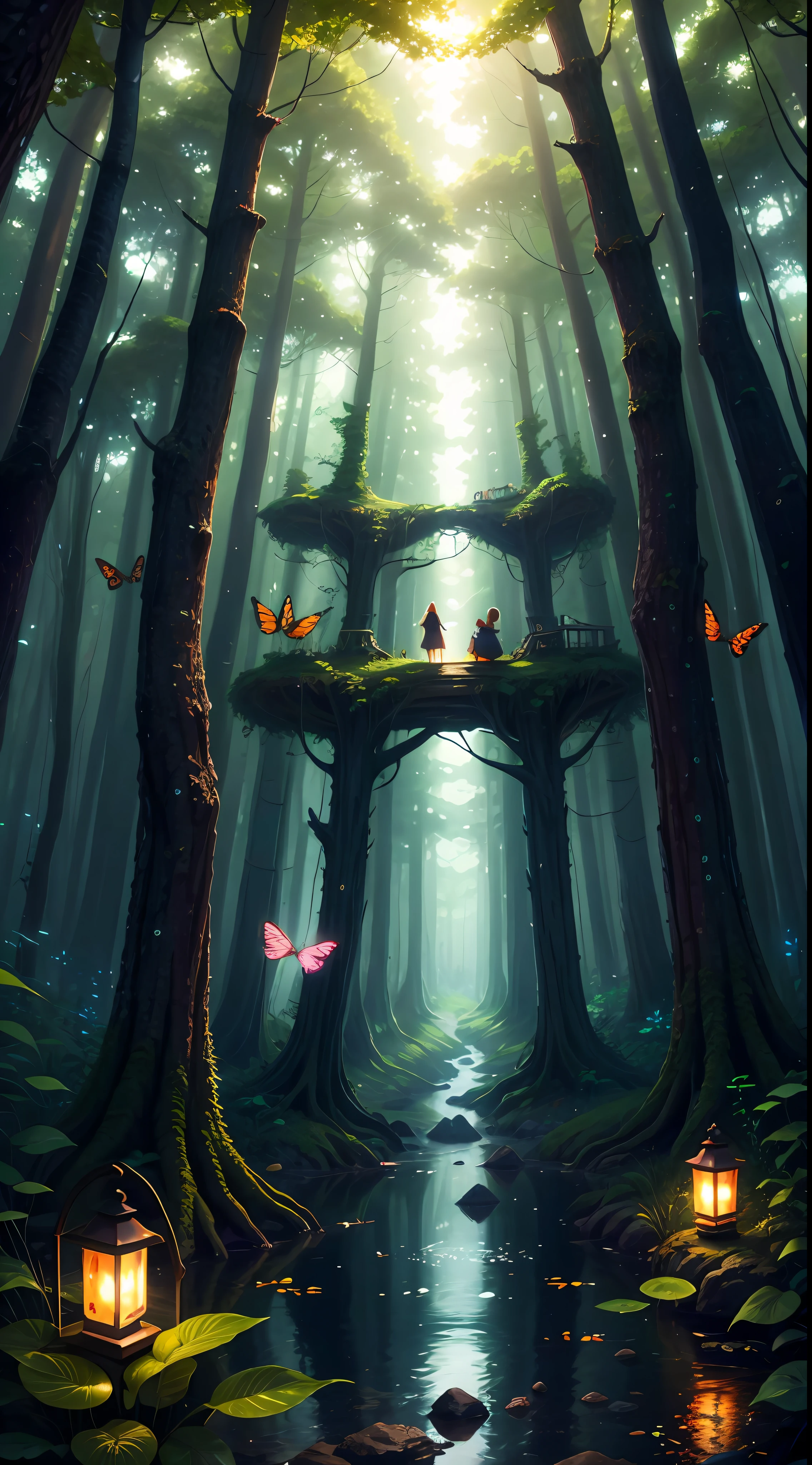 There are many butterflies flying around a small lantern in the woods, magical forest back wheel, magical forest with fireflies, glowing butterflies, there is a little girl walking on the water, little girl in the middle of the picture, anime lush John 8K forest, magical fantasy forest, magic fairy forest, beautiful art UHD 4 K, charming magic fantasy forest, magical forest background, magical forest, 4K highly detailed digital art, magical environment, background artwork