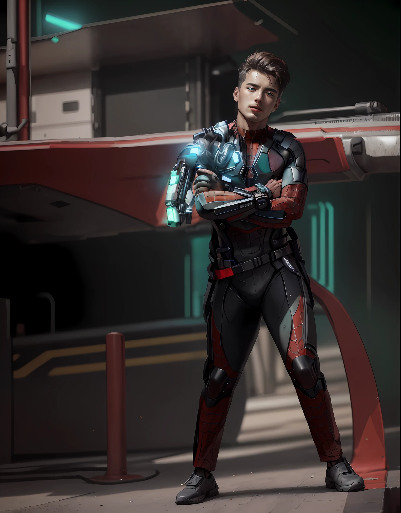 (1boy:1.3), solo, ((very detailed face)))), ((very detailed eyes and face)))), beautiful detail eyes, body parts__, full body, full body, official art, unified 8k wallpaper, super detailed, beautiful and beautiful, beautiful, masterpiece, best quality, original, masterpiece, super fine photo, best quality, super high resolution, realistic realism, sunlight, full body portrait, amazing handsome, dynamic pose, delicate face, vibrant eyes, (from the front), wearing Spider-Man suit, red and black color scheme, solid green background, detailed face, messy, gorgeous, highly detailed skin, realistic skin details, clear focus, 8k UHD, DSLR, high quality, film grain, fair skin, photo realism, lomography, translucent, (cyberpunk: 1.2), (semi-mechanical body: 1.2)