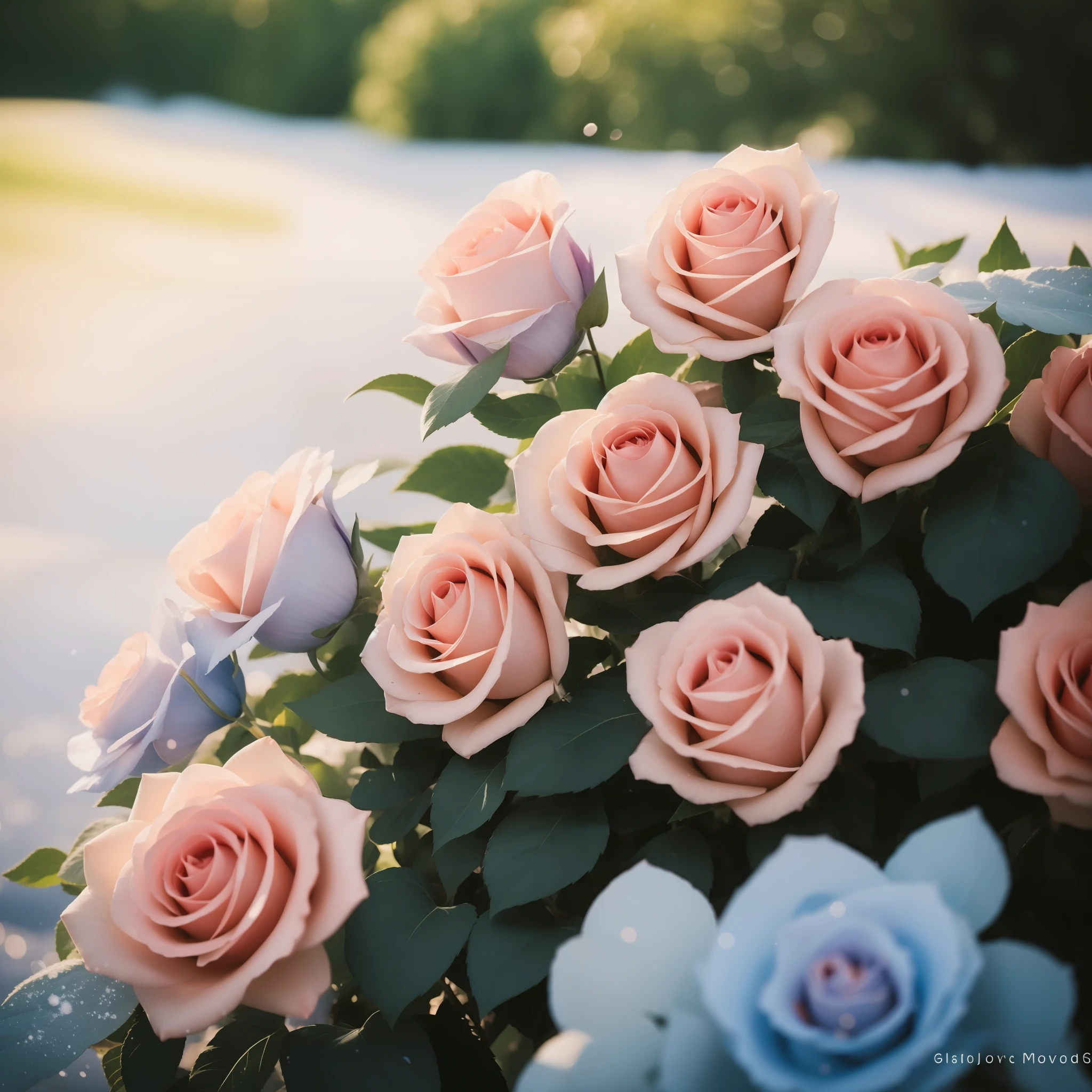 Many tall blue roses covered with transparent snow and pink roses snow blue roses in Chinese fairy tale outdoor romantic wedding stage garden landscape，the sunset，Yellow sunlight, red clear snow blue roses，peacful，big breasts beautiful，Soft moonlight，pastelcolor，gentlesoftlighting，8k，New happiness，Profound details，Clear level of detail，High Picture Quality，High- sharpness，New Love presents a high-definition reality - AR2:3---v4