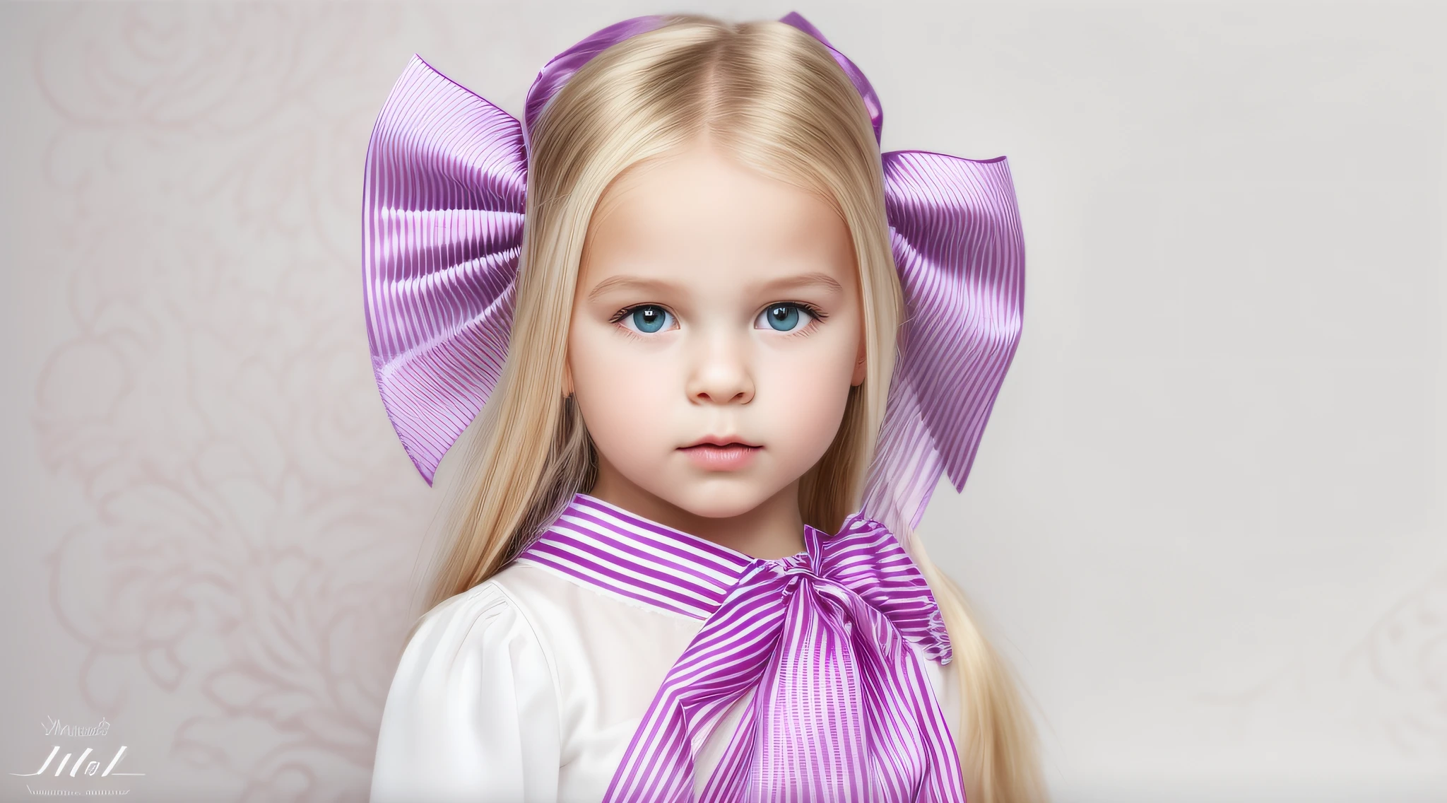 Russian style, girl children , photo studio white infinite background, close-up, bust, portrait , long blonde hair TRACES and giant bow PURPLE on head