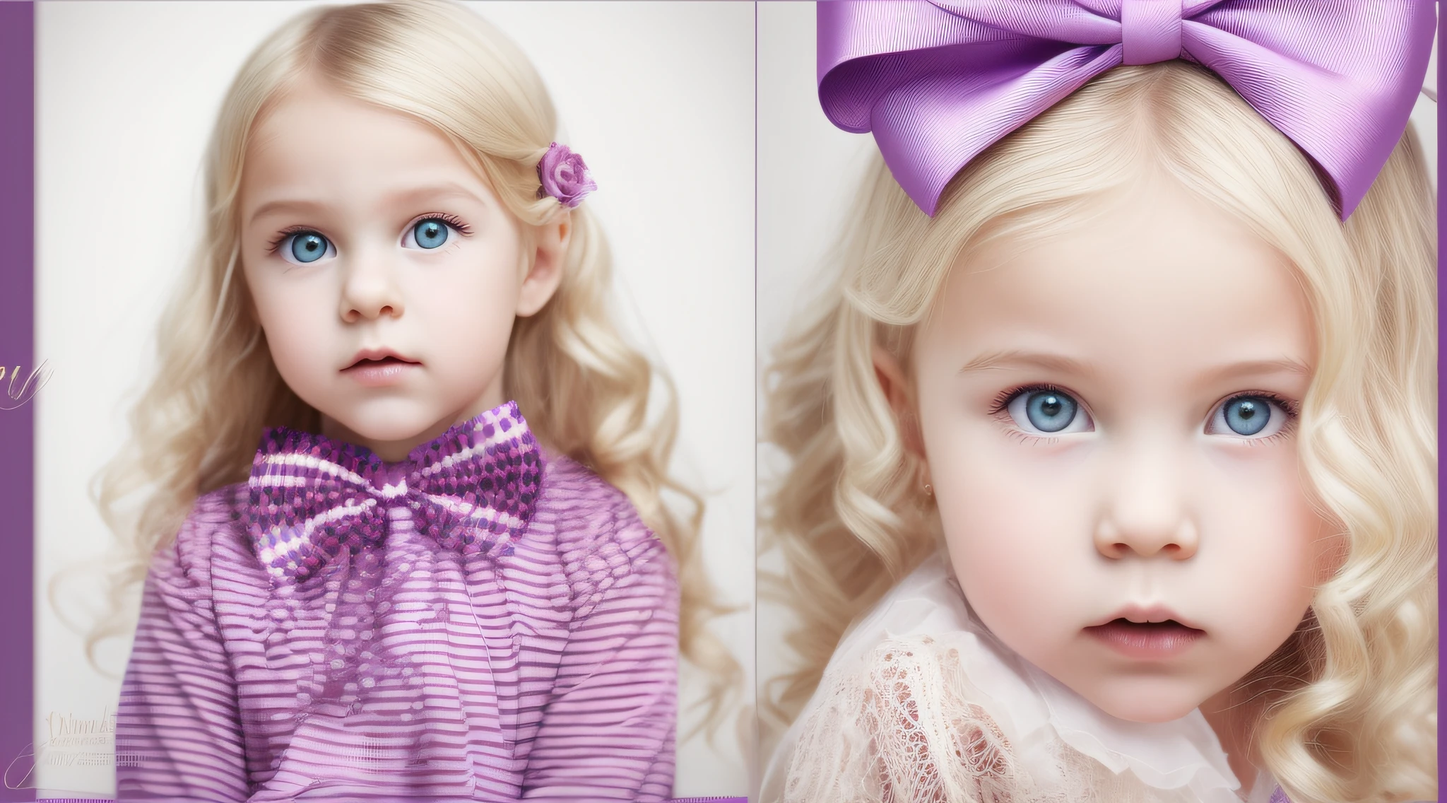 Russian style, girl children , photo studio white infinite background, close-up, bust, portrait , long blonde hair TRACES and giant bow PURPLE on head