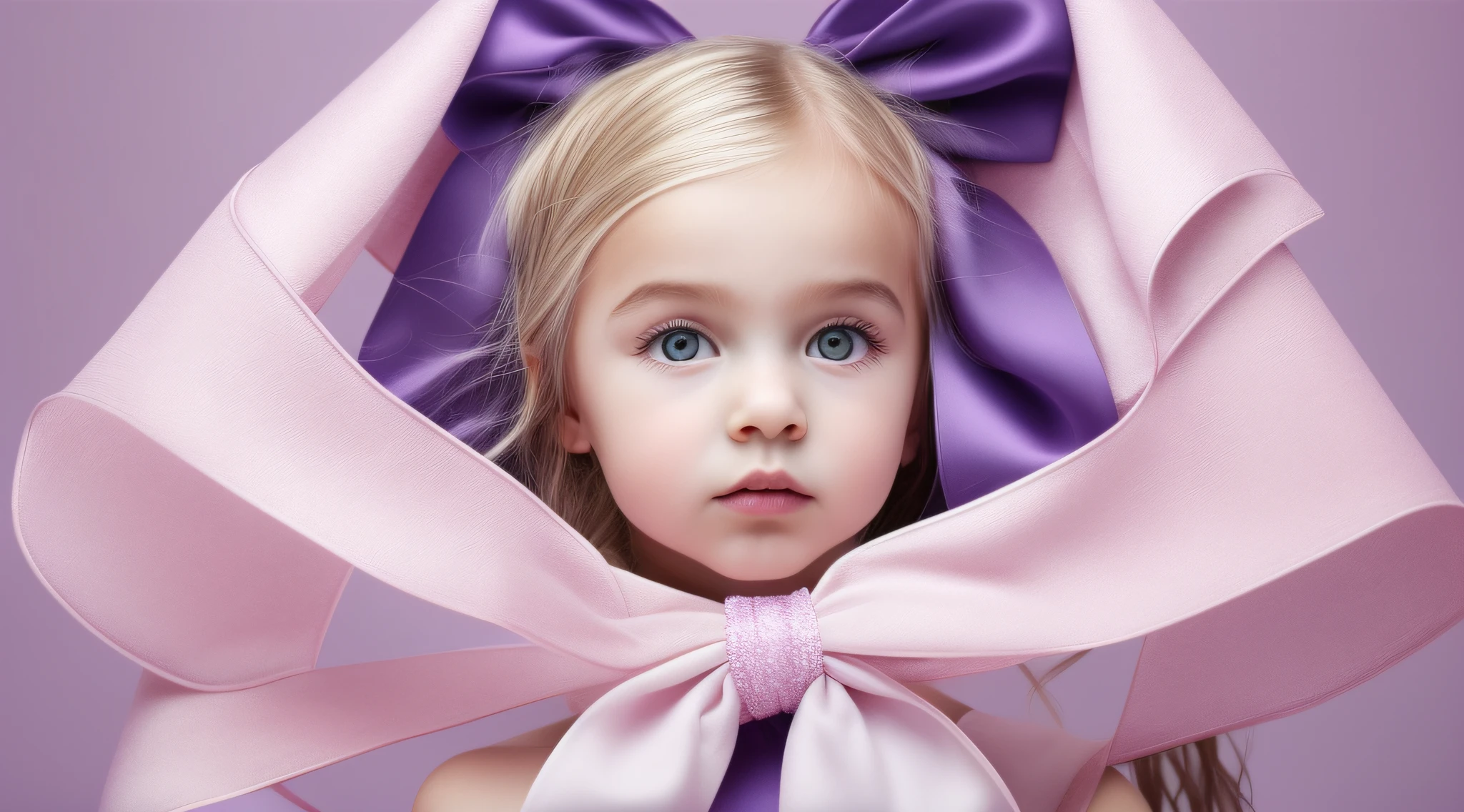 Russian style, girl children , photo studio white infinite background, close-up, bust, portrait , long blonde hair TRACES and giant bow PURPLE on head