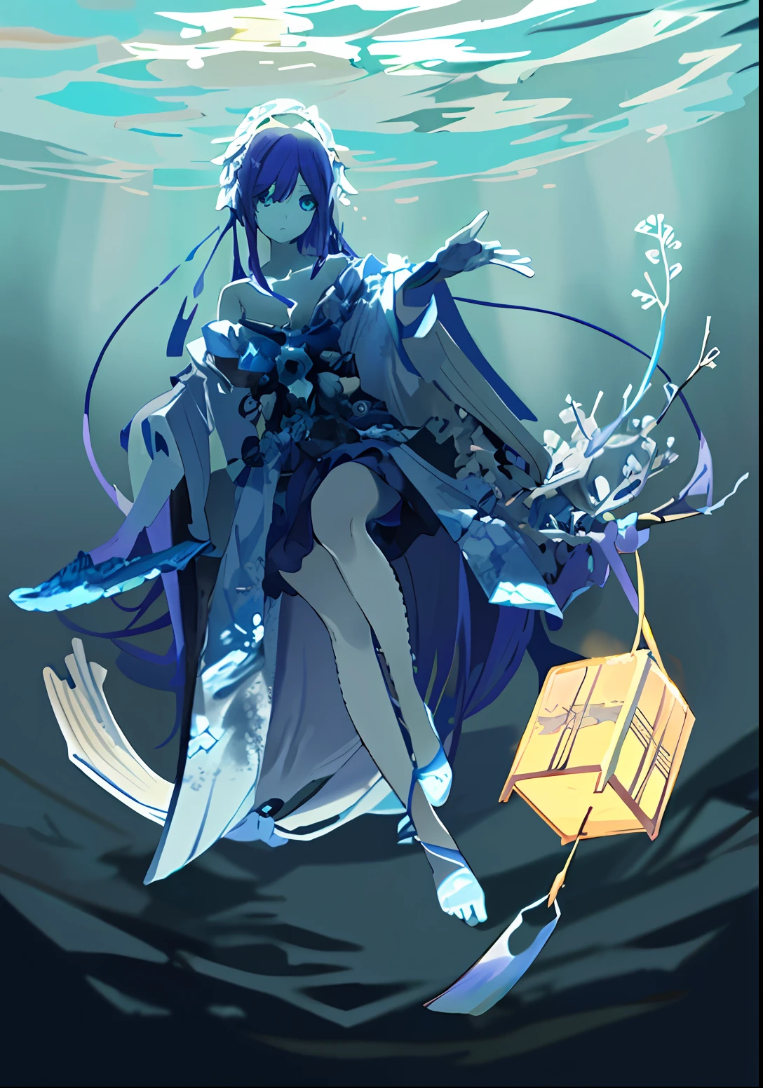 1girl, underwater, skeleton,corpse,Beneath the sea, where tendrils of coral and vines abound, a (mermaid) girl stares at you from amidst a pile of bones and skulls. Her eyes gleam with an eerie light.