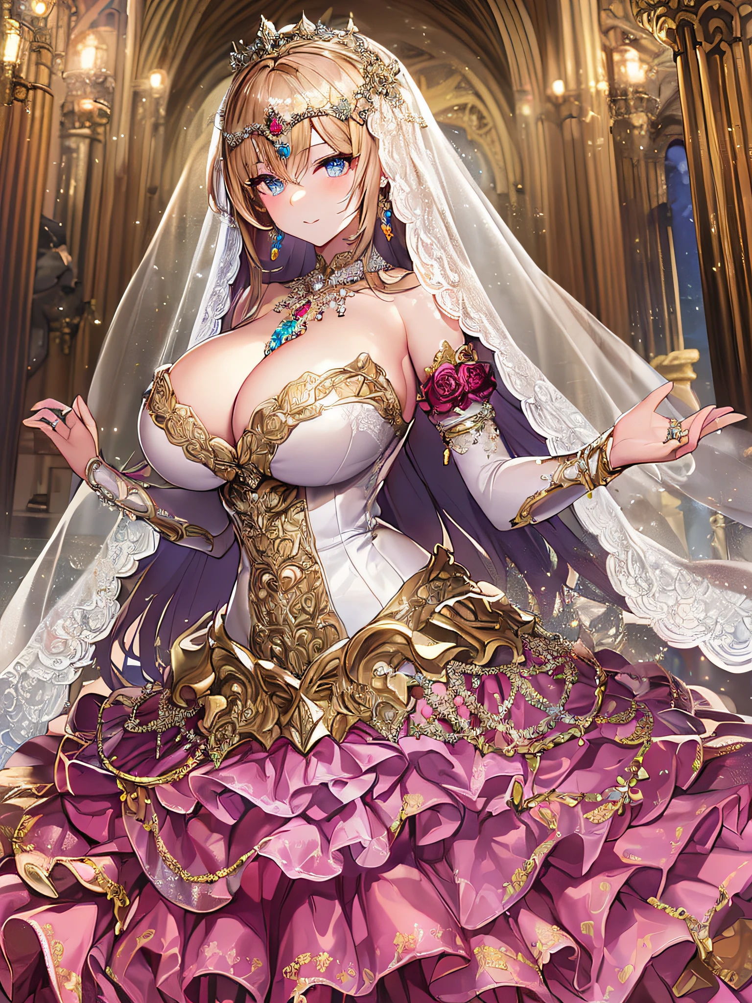 ((anime artstyle)),(Masterpiece),(Best Quality), (Super Detail),((Very Delicate and Beautiful)),Focus on character,Dynamic Angle,Looking at viewer,((Solo)),standing,((full body)),((one princess in gorgeousfull BlingBling wedding dress with voluminous skirt)),((BlingBling)),detailed face and eyes,jewel-like eyes,((Very Long voluminous Hair)),gorgeous embroidery and lace,((gorgeous corsage)),See-through,(Gorgeous BlingBling jewelry ornaments),luxury hair ornament,BlingBling luxury tiara with jewels,ornate ruffles,((gigantic breasts,Long breasts)),indoor,church wedding,((full body)),hoop skirt,crinoline,very long gorgeousfull wedding veil,(((jeweled gorgeous embroidery BlingBling wedding dress)))