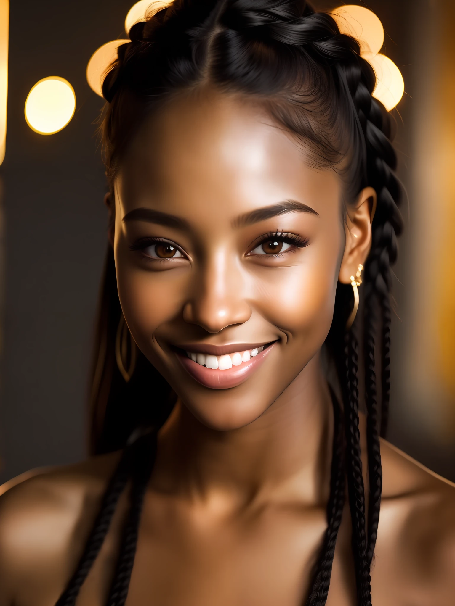 Nachtszene, Close-up of a sexy naked black girl, posiert, looks into the camera and smiles, schwarze braids , (braune Augen: 0,8), Cute young face, 18 Jahre, sanfte volumetrische Lichter, (Hintergrundbeleuchtung: 1,3), ( filmisch:1.3), komplizierte Details, (ArtStation:1.2)