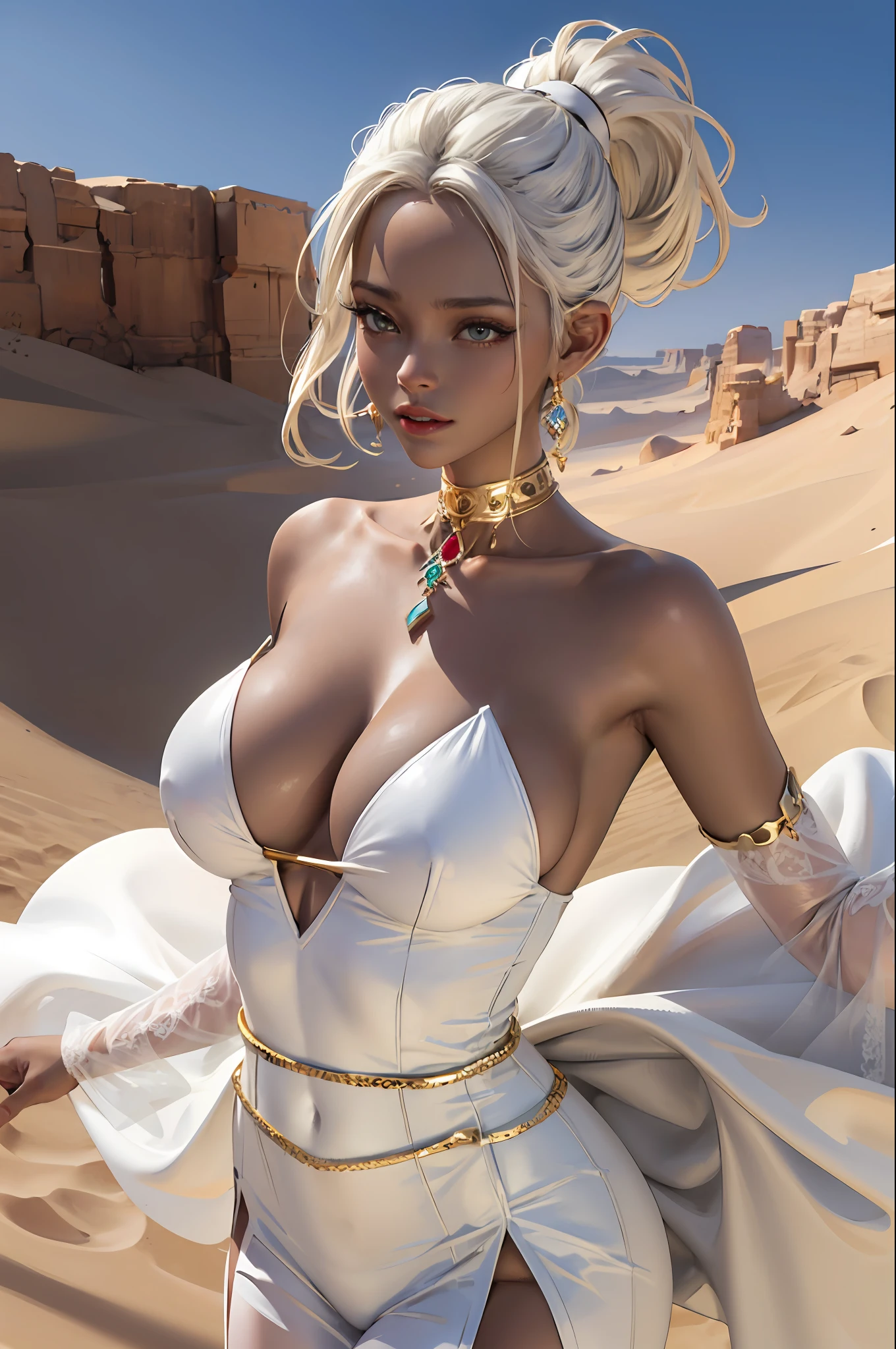 (masterpiece:1.2, best quality), (1milf, solo), huge tit, (Dynamic position), (shiny skin, darkskin), White dress, (Sahara Desert), white ponytail, brians, (jewellery, gold ornaments:1.15 ), Sexy suspenders，Straight chest