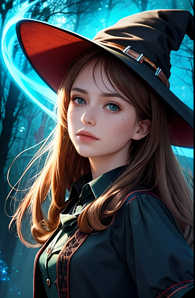(best quality, masterpiece, realistic, detailed), 8k CG, perfect artwork, 1 girl, adult hungarian woman, slender, freckles, solo, teal eyes, light brown long hair, portrait, looking down, solo, (full body:0.6), detailed background, light smile, witch hat, witch, magical atmosphere, hair flowing in the wind, green trimmed dark colored clothes, colorful glowing magic spell in the air, swirling portal, dark magic, (style-swirlmagic:0.8), floating particles, dark sinister forest background, updraft, backlighting,
