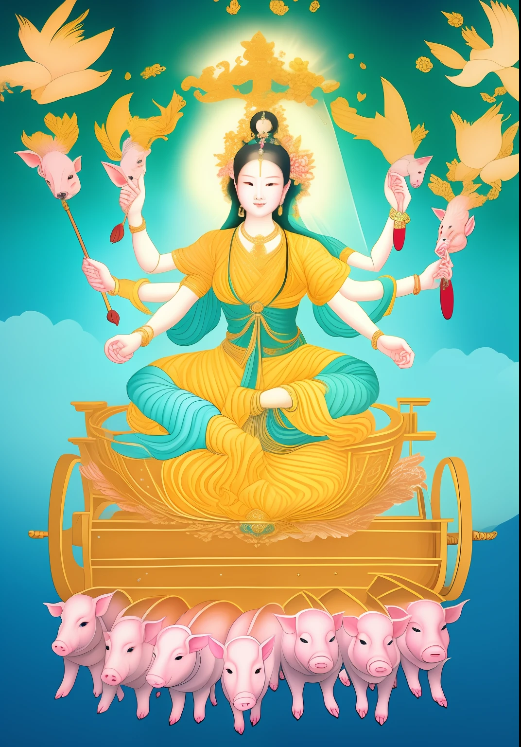 tmasterpiece，超高分辨率，A beautiful woman with a magic weapon in each of the six arms sat in a cart pulled by seven piglets，Wear a light blue dress。The background is blue sky，Elegant colors，Light and dark are clear，extreme hight detail,  art illustration，