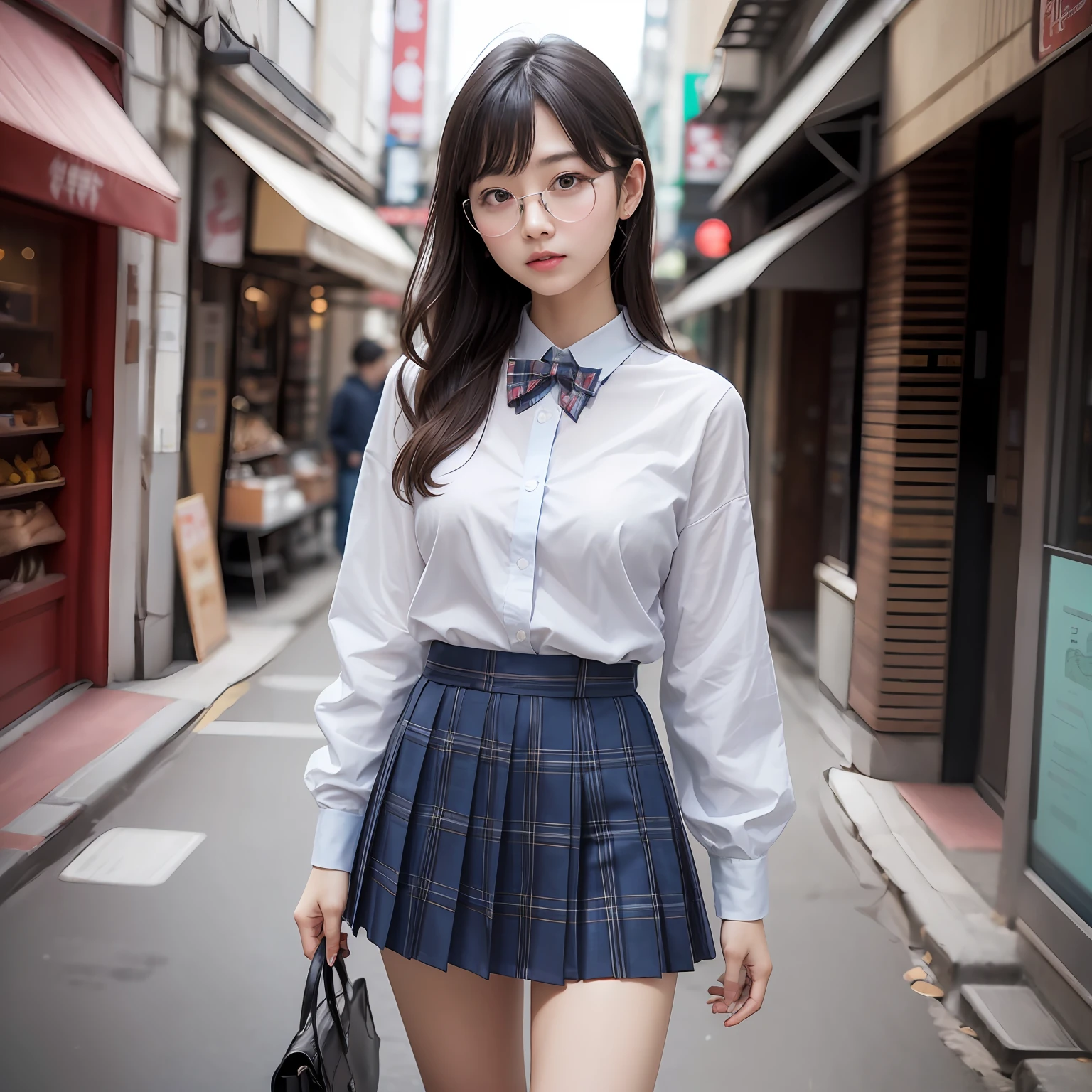 （8K、Raw photography、top-quality、​masterpiece：1.2）,full body Esbian,​masterpiece,top-quality、超A high resolution,Raw photo,ren,Beautiful fece,One Person, 独奏,eye glass,,Dark look,Small breasts,fullllbody,Round glasses、cute little、A Japanese Lady,is standing,(Tight eyes,Bullish,skinny,Rasping,irate,small tits,flat breast)、（Photorealsitic：1.37）、Photon mapping,Light blue ribbon,Realistic、Cute little face,Brown-eyed、Black socks、Red bow tie、Radio City、Physically Based Rendering、Foreground、depth of fields、Blurry background、a picture,The girls、Body, Long legs, Thin leg, Single knot ponytail,Let your hair flow forward、(Bangs are visible), hair, s lips, Blue_The eye, nosesoft,  Light blue shirt, Navy blue and blue and white plaid pleated skirt, Sheer clothing,, Thigh, Black cotton socks,Nogizaka Idol, 女優, Japanese ido