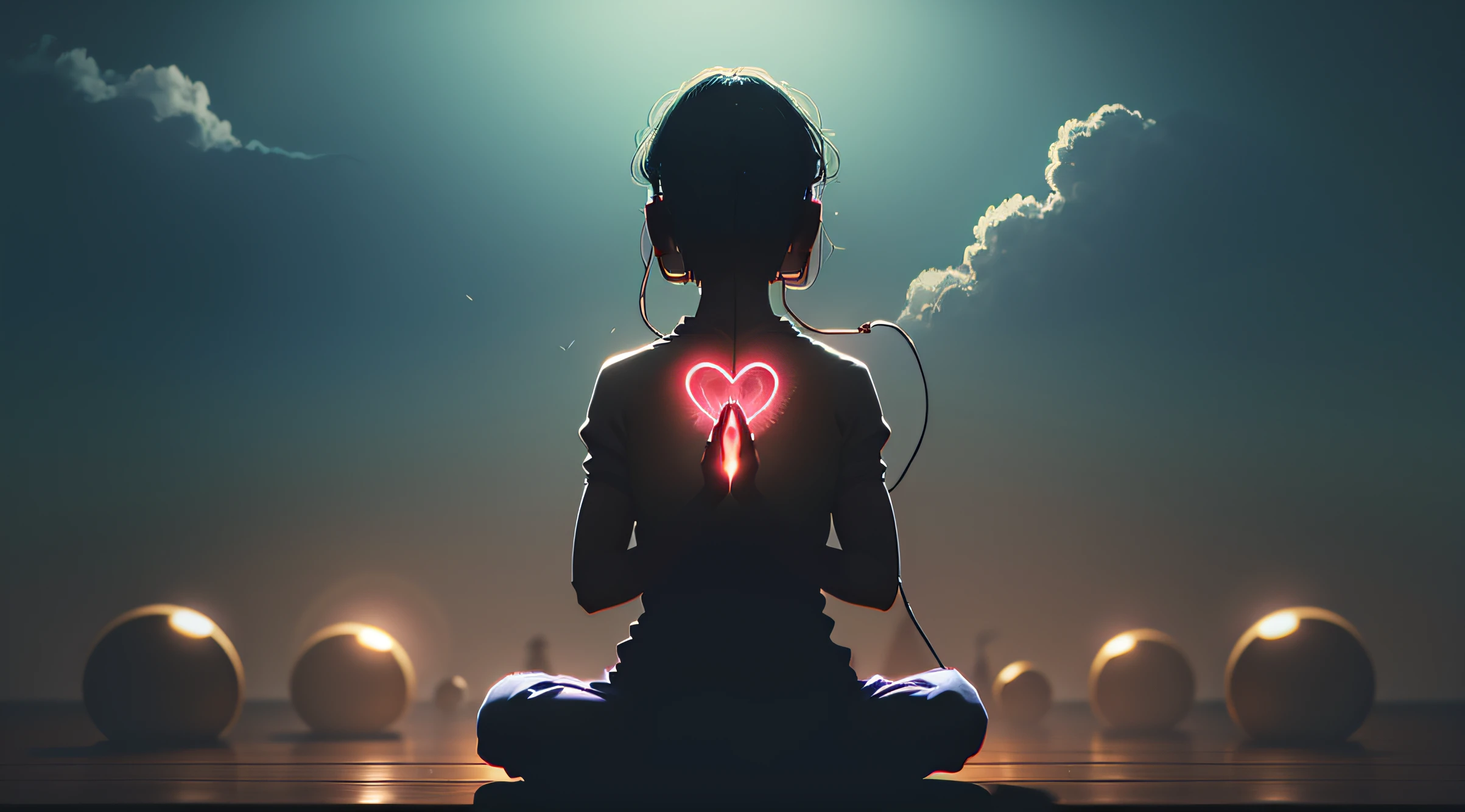 1 woman meditating in classical meditation position, olhando para o espectador, using a headphone attached to the heart, cena muito detalhada, (foto silhueta: 1.8)