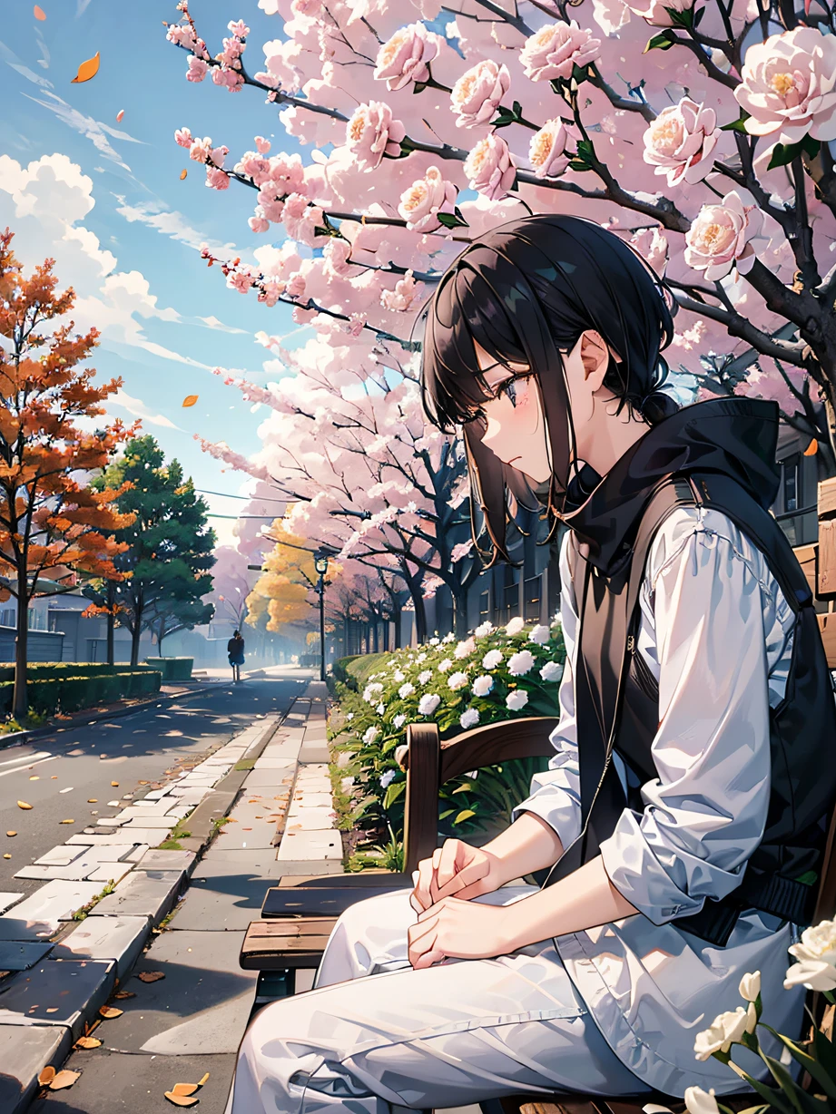 ,masterpiece, best quality,8k, ultra highres,The protagonist sits on a quiet park bench,A few lonely white carnations bloomed beside him。Between the petals are faint tears,As if blurring the beauty of the carnation。The autumn leaves in the park quietly fall,Echoes the mood of the protagonist。