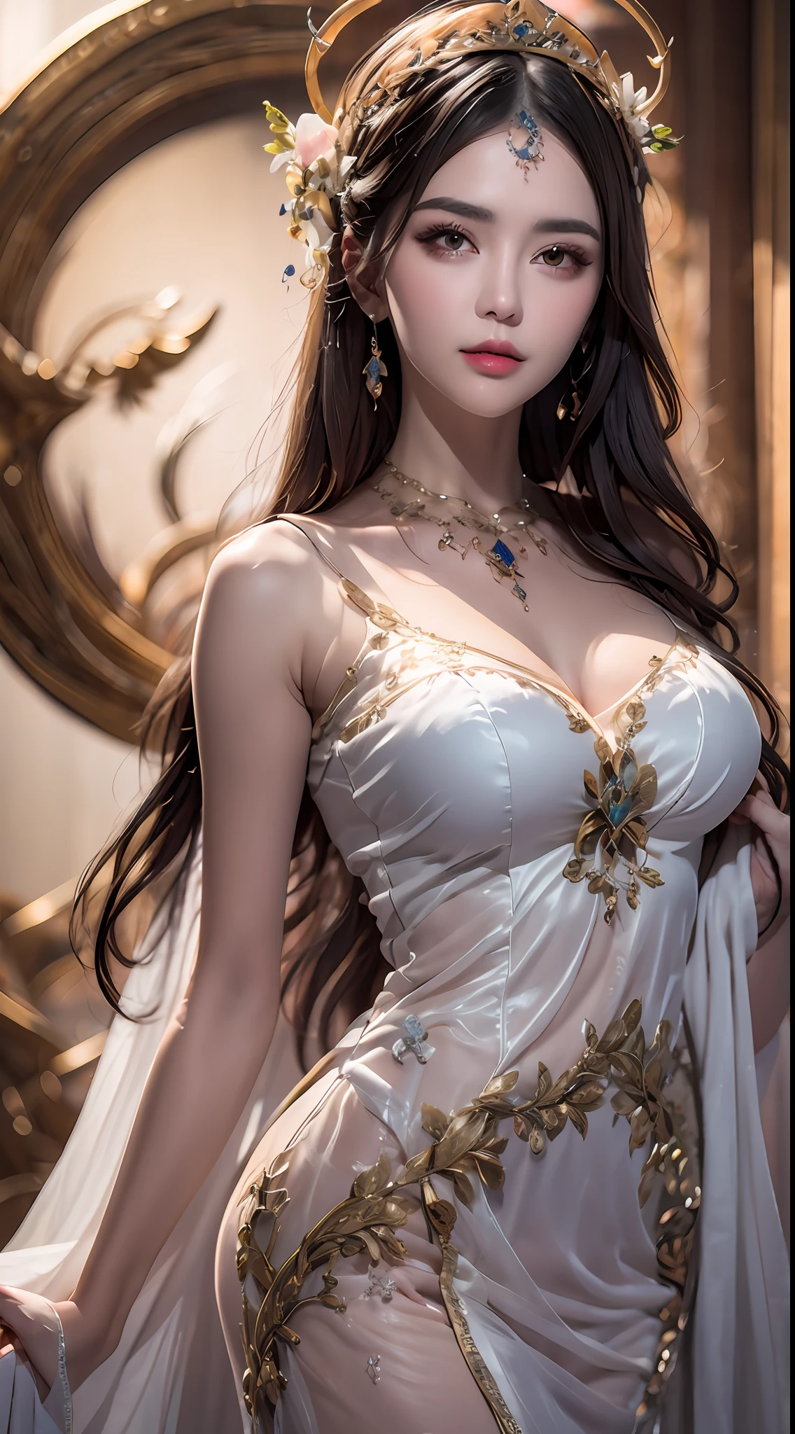 1 20 years old girl, 1 goddess Athena, beautiful goddess Athena face without blemishes, sexy slim nightgown in many colors, long thin female nightgown with many sexy black lace details, saint legend, saint icon, beautiful goddess style elegant glitter, dark and mysterious version, holy woman crown, vermilion lips, thin and beautiful lips and bright pinokar, white teeth, do not smile create, intricate details, detailed background, extremely detailed, gentle ghost, (clean and spotless face: 1.9), saintly body, round breasts, big and round breasts, phoenix brooch, long bangs, (7-color rainbow hair: 1.9), beautiful face in detailed and well-proportioned eyes, (transparent yellow eyes: 1.8), makeup: very beautiful and detailed eyes hands, bangs and dyed light blonde, upper body , (holy man): 1.8), drooping arms, Vivid photorealism, (stars that make up the sky: 1.7), (heaven and gates of nonfiction: 1.8), fictional art, RAW photos, hanfu photos, best photos, high resolution, best quality, best photos, female art quality, best surrealism, 8k portraits single saint, best true color scheme, best photo color, masterpiece, hair decoration, necklace, jewelry, pretty face, upper body, brand tyndall effect, real photo, dark studio, border light, two-tone light, (pinky white skin: 1.4), (high skin detail: 1.1), 8k uhd, dslr , soft light, super light, light quality, high resolution, sound quality , Smooth and sharp, 10x pixel increase, sexy goddess, sexy goddess, (background space: 1.8), (galaxy: 1.7), aurora, lightning, (Aurora Background: 1.8), most beautiful eyes, picturesque eyes, beautiful saint and flowers,