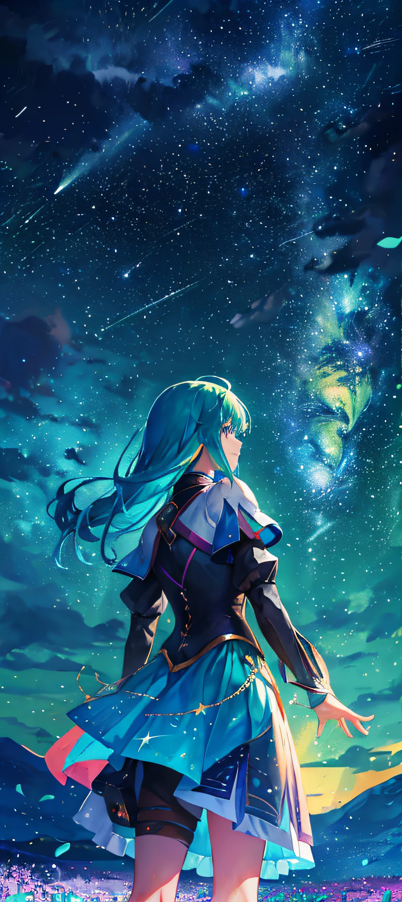 1girl, distant girl, wearing a teal dress armor, with a rainbow colored hair, staring at the stars, (zoomed out:1.1), (meteor shower:1.2), (comet:1.1), low angle, from behind, aurora borealis, shooting star, surrounded by flowers petals, standing in a field, best quality, masterpiece, cloud, colorful, starry, stars