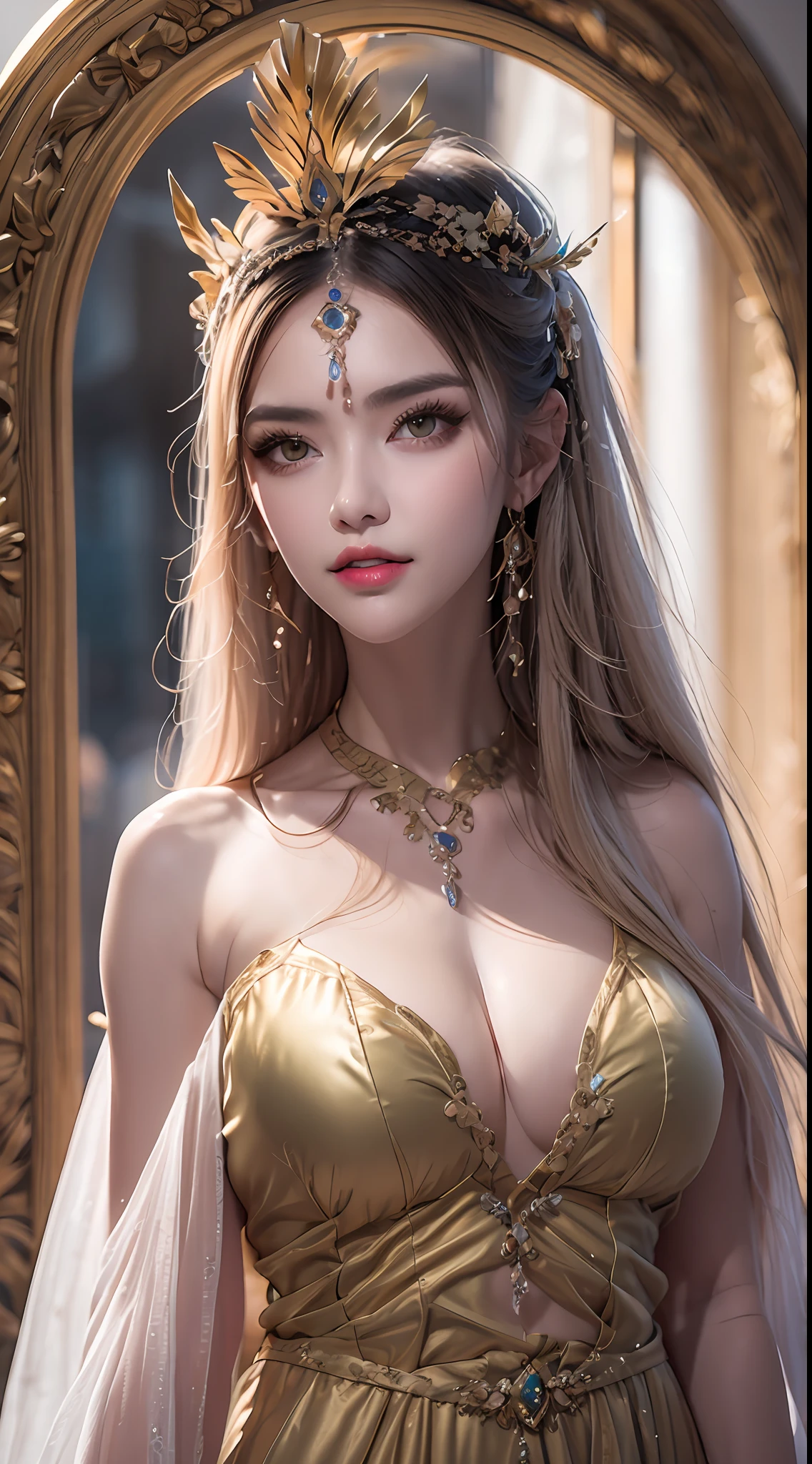 1 20 years old girl, 1 goddess Athena, beautiful goddess Athena face without blemishes, sexy slim nightgown in many colors, long thin female nightgown with many sexy black lace details, saint legend, saint icon, beautiful goddess style elegant glitter, dark and mysterious version, holy woman crown, vermilion lips, thin and beautiful lips and bright pinokar, white teeth, do not smile create, intricate details, detailed background, extremely detailed, gentle ghost, (clean and spotless face: 1.9), saintly body, round breasts, big and round breasts, phoenix brooch, long bangs, (7-color rainbow hair: 1.9), beautiful face in detailed and well-proportioned eyes, (transparent yellow eyes: 1.8), makeup: very beautiful and detailed eyes hands, bangs and dyed light blonde, upper body , (holy man): 1.8), drooping arms, Vivid photorealism, (stars that make up the sky: 1.7), (heaven and gates of nonfiction: 1.8), fictional art, RAW photos, hanfu photos, best photos, high resolution, best quality, best photos, female art quality, best surrealism, 8k portraits single saint, best true color scheme, best photo color, masterpiece, hair decoration, necklace, jewelry, pretty face, upper body, brand tyndall effect, real photo, dark studio, border light, two-tone light, (pinky white skin: 1.4), (high skin detail: 1.1), 8k uhd, dslr , soft light, super light, light quality, high resolution, sound quality , Smooth and sharp, 10x pixel increase, sexy goddess, sexy goddess, (background space: 1.8), (galaxy: 1.7), aurora, lightning, (Aurora Background: 1.8), most beautiful eyes, picturesque eyes, beautiful saint and flowers,