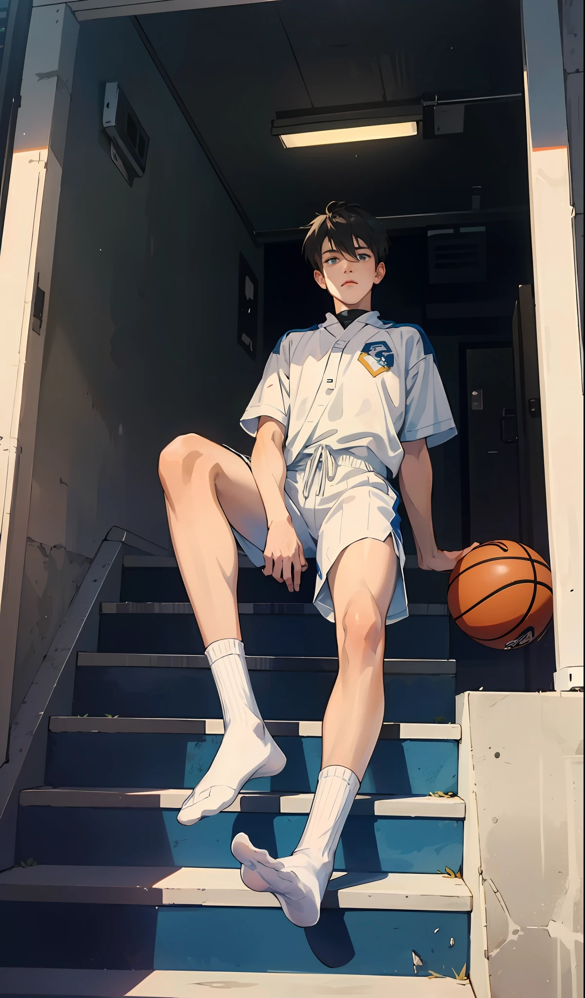 （hoang lap，A high resolution，Hyper-detailing），（（tmasterpiece）），（（best qualtiy：1.1）），A high resolution，8K，1boy，（Crotch bulge：1.1），shaded face，（White Nike basketball socks：1.1），（White ribbed socks：1.2），Socks are not present，Invisible socks，Toes under socks，shorter pants，Seamless socks，（puffynipple，（from below：1.1），
 eBlue eyes， looking at viewert， short detailed hair， Facial， athlete，
Sit on the steps of the school stairs，style of anime，inside in room，allure