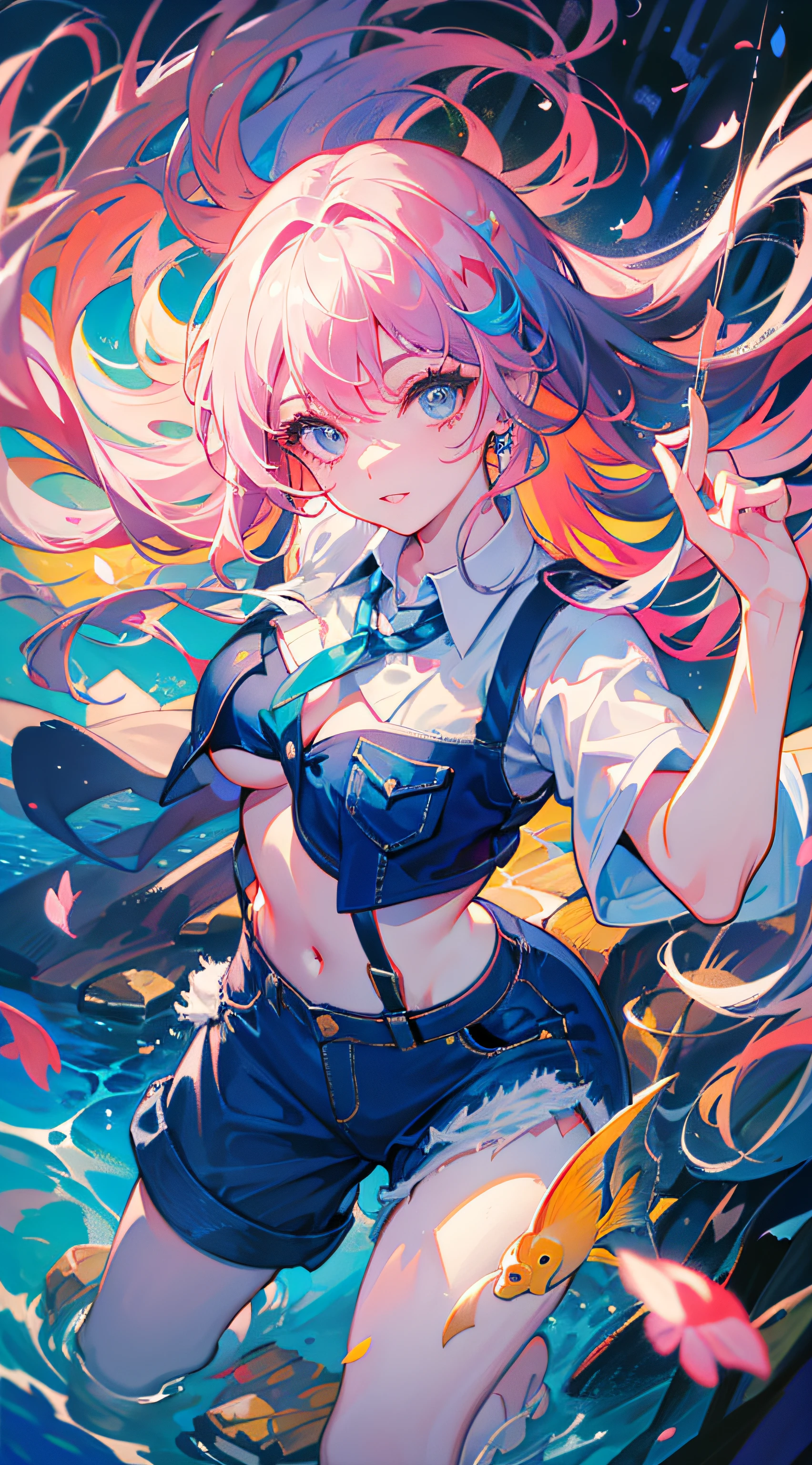 （excellence，Best-aesthetic，best qualtiy，tmasterpiece，extremely detaile，anime big breast），1girll，独奏，perfect breastm，Look at the sky，Suspender dark blue denim shorts，Super short white T-shirt，Extra short half-length white T-shirt,underboob,underbust,Bare lower chest,Dynamic Angle,(Falt color:1.3),(full body:1.2),(Look at Vivier:1.8),Colorful,(Floating colorful wind),(Highest picture quality),(Master's work), (Detailed eye description),(macro shot:1.25),(8K wallpaper),(Detailed face description),Depth of field,(Lens flare),floating colorful water,rain,Small rivers,wilderness,Small dust, ((breeze)), (Floating wind),Summer,Sunset, horizon,(The background is blurred out), Road by the sea,Mountains and forests,water,wading,partly_submerged,(Strong sunlight:1.2),(altocumulus:1.2),Bird, Butterfly, Falling petals,(Close-up:1.2),(fish eye:1),The hair is gray and pink, Eyes,Detailed beautiful eyes, 耳Nipple Ring,(From above:1.3)