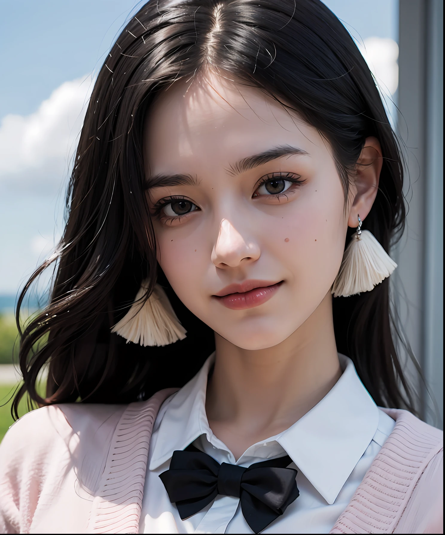 a RAW photo of girl, (RAW skins), (masterpiece:1.1), best quality, ultra high res, high detailed, (photorealistic:1.4), face detail, detailed eyes, detailed face, 1girl, (white skin:1.2), (pink lips), nervous smile, (school uniform), (medium black hair), (big breast:1.3), focus on viewers, beautiful sky, modern, Surrealism, close up, from below (realistic:1.3), f/16, Nikon, 135mm, super detail, best quality, high res, 16k
