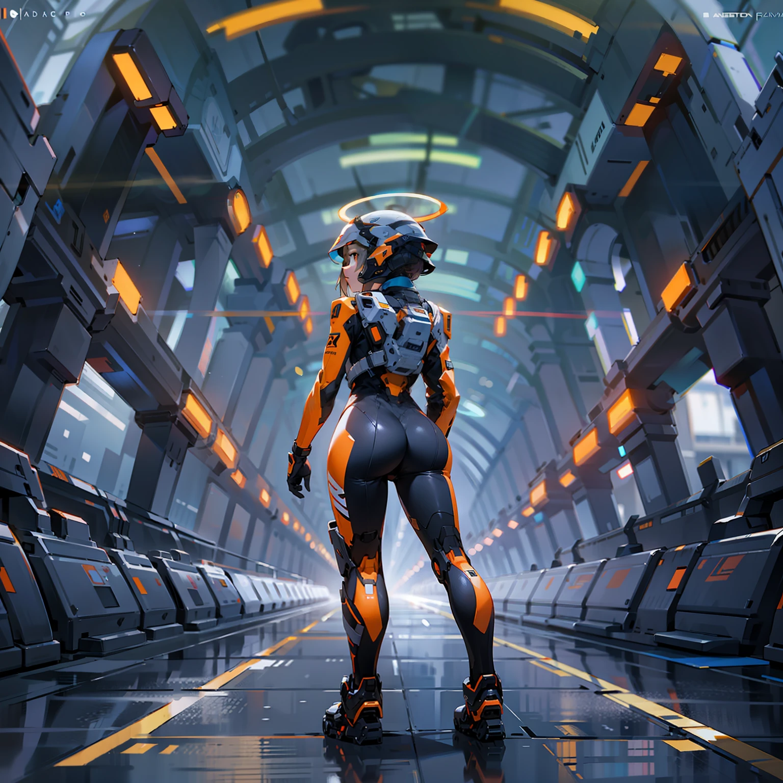 halo,only one girl,Black,Orange,Very long legs,standing on your feet,Full body photo,Back,helmet,8K,The butt is round,focus on ass