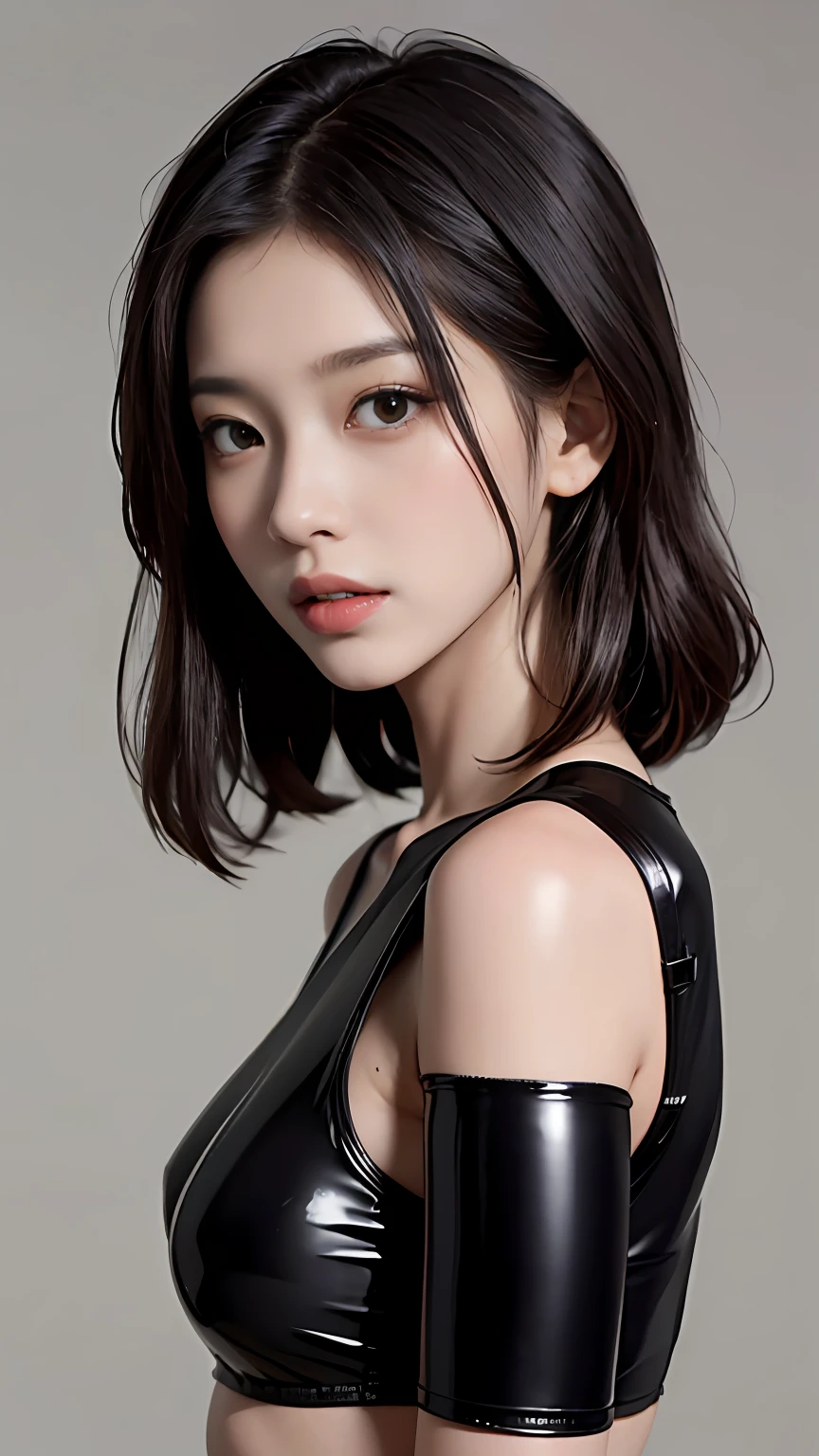 Slender Asian girl, kpop idol, ((black latex underwear)), ((top quality, 8k, masterpiece: 1.3)), crisp focus: 1.2, beautiful woman with perfect figure: 1.4, highly detailed face and skin texture, detailed eyes, BDSM, slave, rubberdress, skinny, beautiful face, symmetrical face