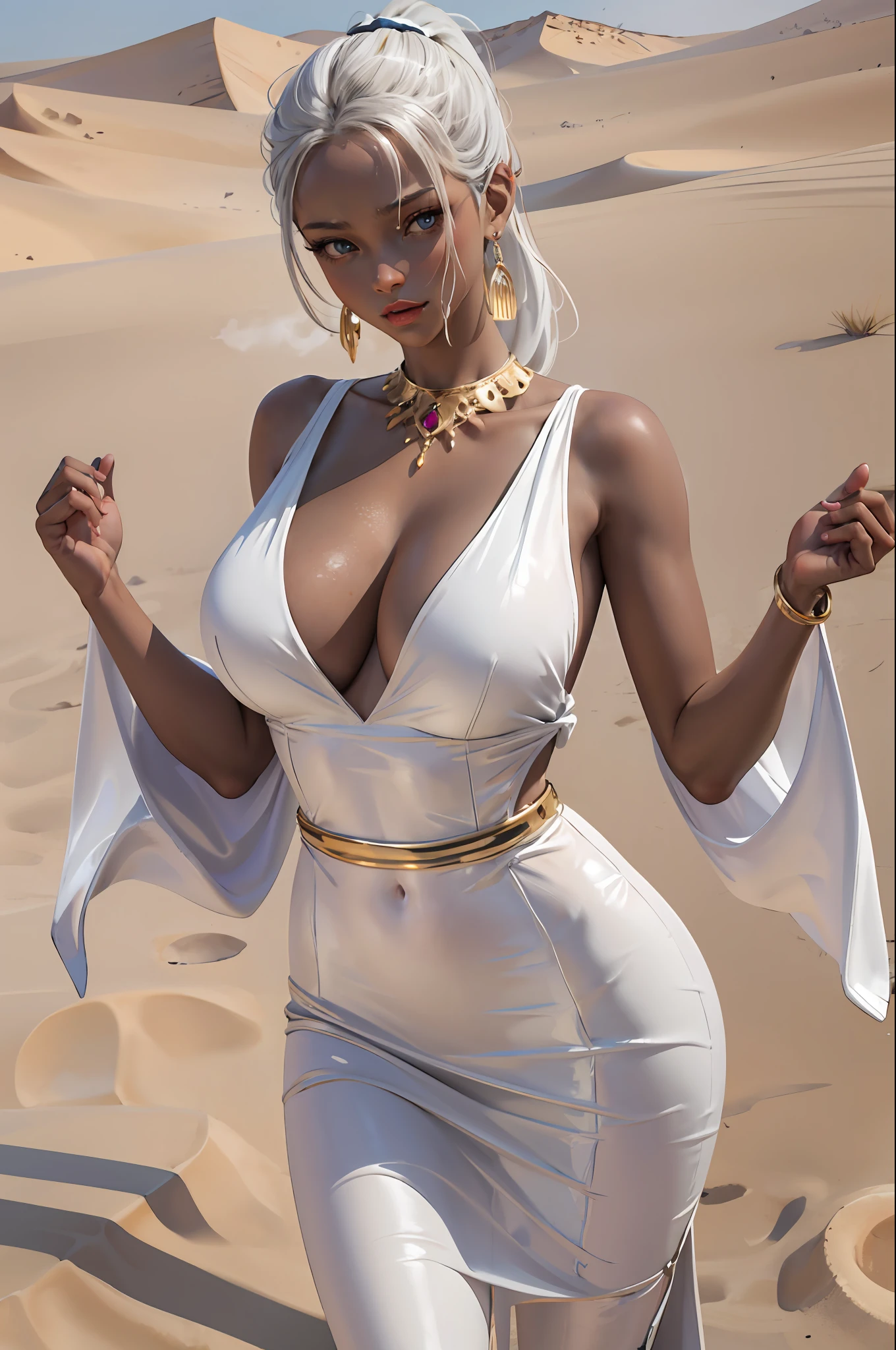 (masterpiece:1.2, best quality), (1milf, solo), huge tit, (Dynamic position), (shiny skin, darkskin), White dress, (Sahara Desert), white ponytail, brians, (jewellery, gold ornaments:1.15 ), Sexy suspenders，Straight chest