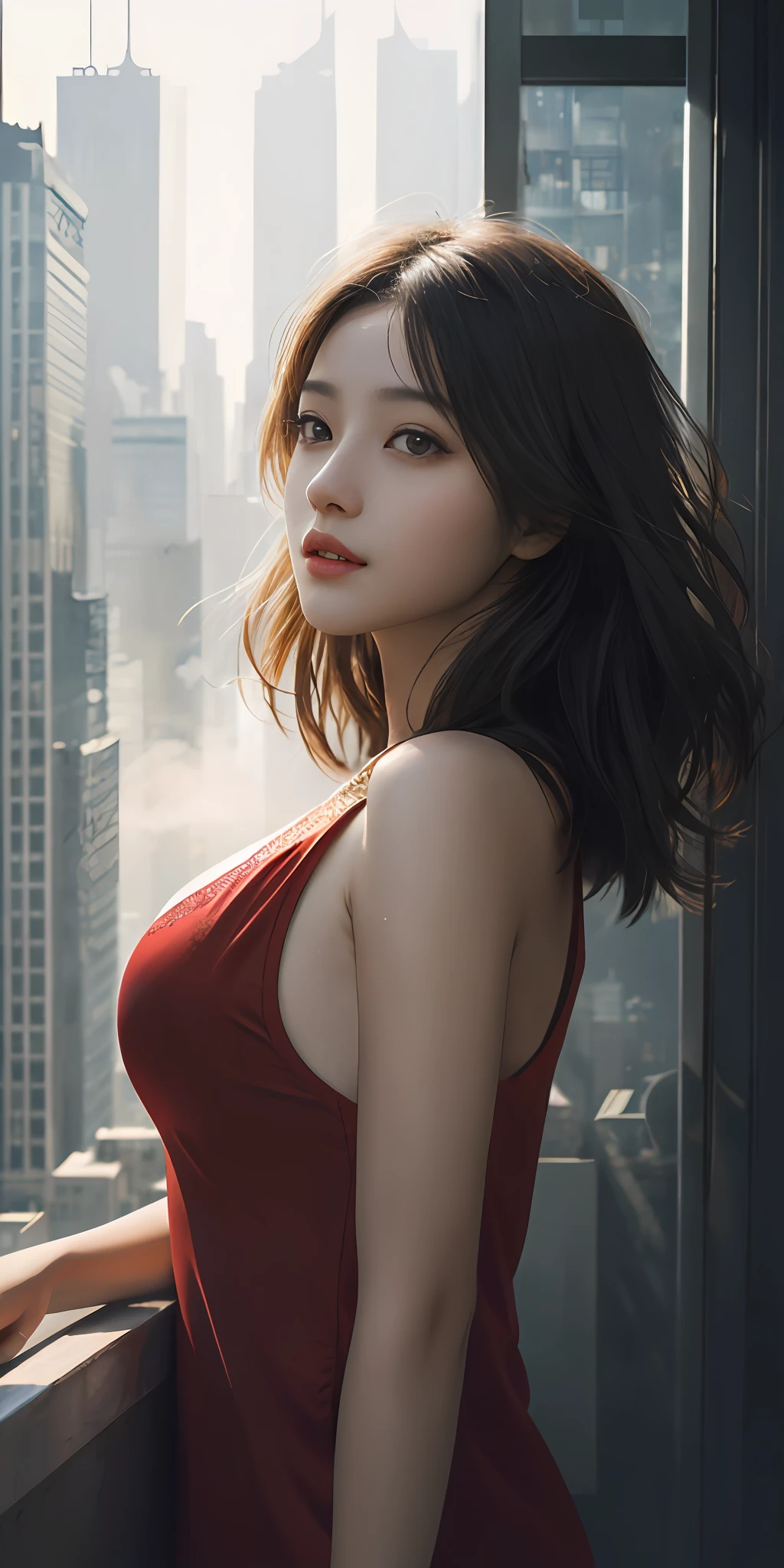 (1girll:1.3), 独奏, (((very vey very detailed face))),((very detailed eyes and faces))),beatiful detailed eyes,Body parts__,offcial art,Unified 8k wallpaper,ultra-detailliert,Beautiful and beautiful,big breasts beautiful,tmasterpiece,best qualtiy,primitive,tmasterpiece,ultra fine photos,best qualtiy,超高分辨率,photorealistic realism,rays of sunshine,full-body portraits,stunningly beautiful,,dynamicposes,delicated face,Bigchest,Vibrant eyes,(From the front side), Very detailed city roof background, Roof,looking over city,详细的脸,detailed complex busy background,Untidy,opulent,milkyW,highly detailedskin,Realistic details of skin,Visible pores,Clear focus,volume fog,8K UHD,digital SLR camera,high qulity,filmgrain,White skin of the,photo-realism,DL,A huge metropolis of the dystopia of the future, Translucent,Red clothes