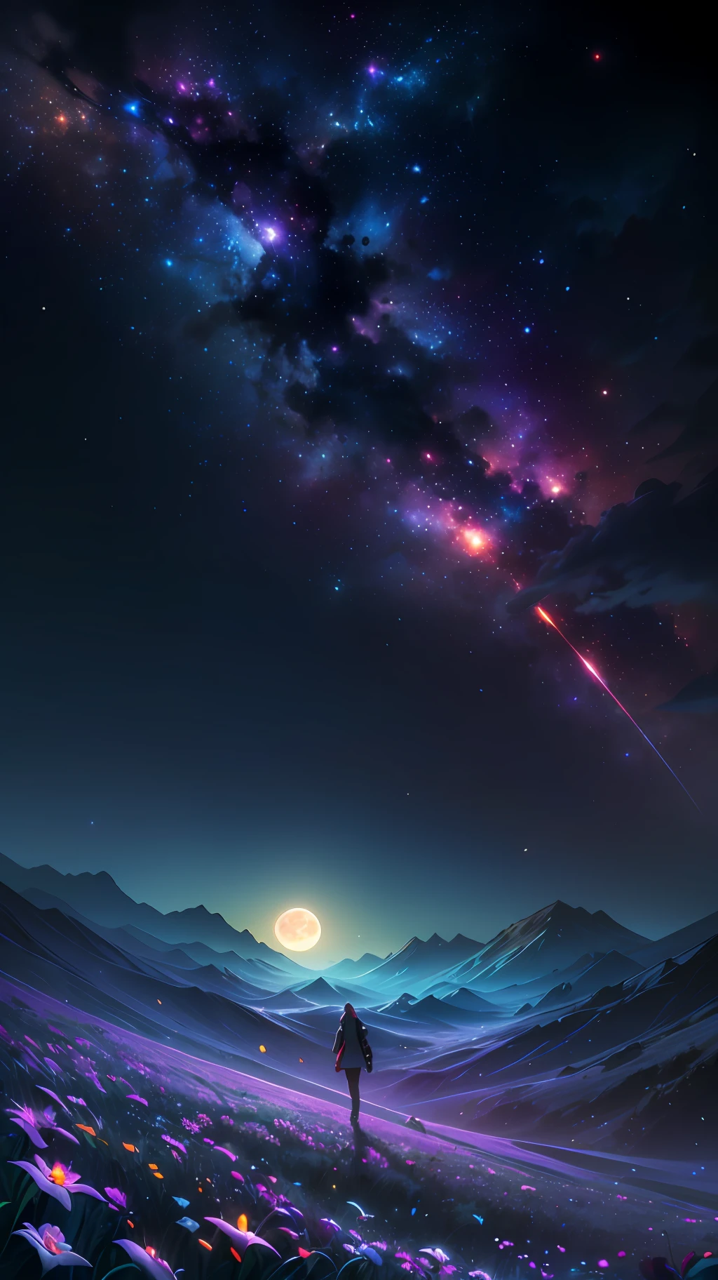 expansive landscape photograph , (a view from below that shows sky above and open field below), a girl standing on flower field looking up, (full moon:1.2), ( shooting stars:0.9), (nebula:1.3), distant mountain, tree BREAK production art, (warm light source:1.2), (Firefly:1.2), lamp, lot of purple and orange, intricate details, volumetric lighting BREAK (masterpiece:1.2), (best quality), 4k, ultra-detailed, (dynamic composition:1.4), highly detailed, colorful details,( iridescent colors:1.2), (glowing lighting, atmospheric lighting), dreamy, magical, (solo:1.2), dynamic lighting, two tone lighting, high contrast