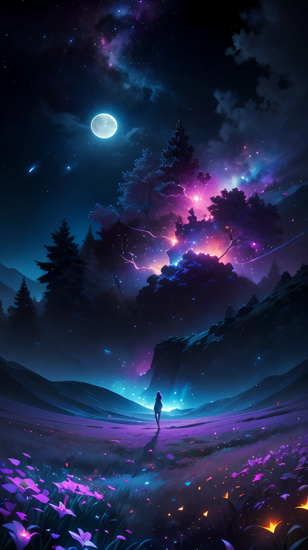 expansive landscape photograph , (a view from below that shows sky above and open field below), a girl standing on flower field looking up, (full moon:1.2), ( shooting stars:0.9), (nebula:1.3), distant mountain, tree BREAK production art, (warm light source:1.2), (Firefly:1.2), lamp, lot of purple and orange, intricate details, volumetric lighting BREAK (masterpiece:1.2), (best quality), 4k, ultra-detailed, (dynamic composition:1.4), highly detailed, colorful details,( iridescent colors:1.2), (glowing lighting, atmospheric lighting), dreamy, magical, (solo:1.2), dynamic lighting, two tone lighting, high contrast