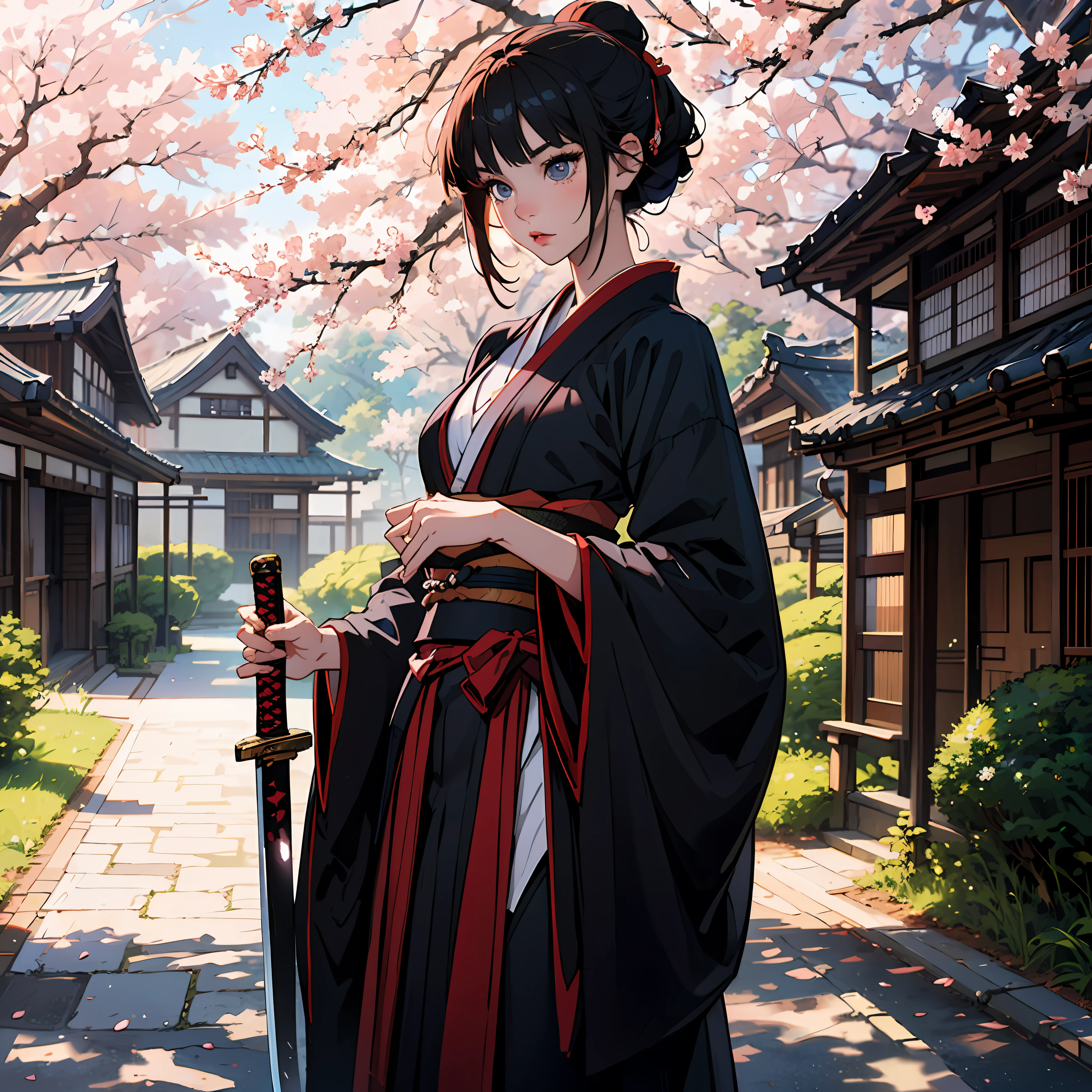 Attractive girl, shot black silky hair, samurai, wearing shinny black red kimono, holding shinny katana sword, old Japanese houses and cherry blossom trees on the background, masterpiece, 8k, trending on art station, correct anatomy, correct number of fingers, detailed face