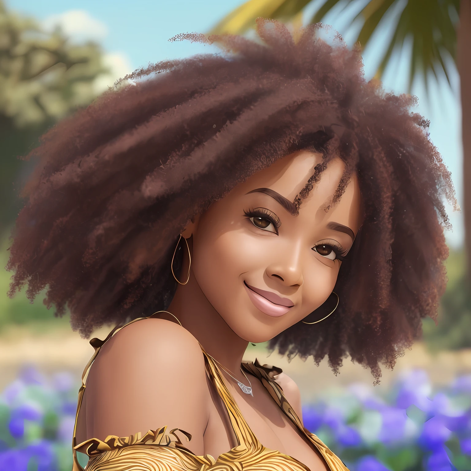 Cartoon style 3D a girl is (((pele morena escura))), (((solo))), chibi telegrama adesivo, sentada na praia, criando um vestido suave e longo feminino, (((retrato realismo))), (menina afro-americana) (((cabelo castanho))), (((close-up detailed facial affections: 1.15))), (((cabelos mega hair))), liberdade, imagem de perfil, Standing confidently, she is the center of the garden, rosto sorridente, imagem de listagem, 8k, sonhos 100  - --auto --s2