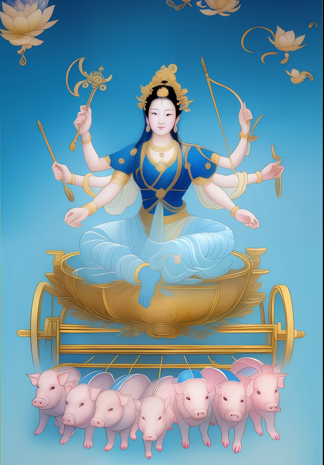 tmasterpiece，超高分辨率，A beautiful woman with a magic weapon in each of the six arms sat in a cart pulled by seven piglets，Wear a light blue dress。The background is blue sky，Elegant colors，Light and dark are clear，extreme hight detail,  art illustration，