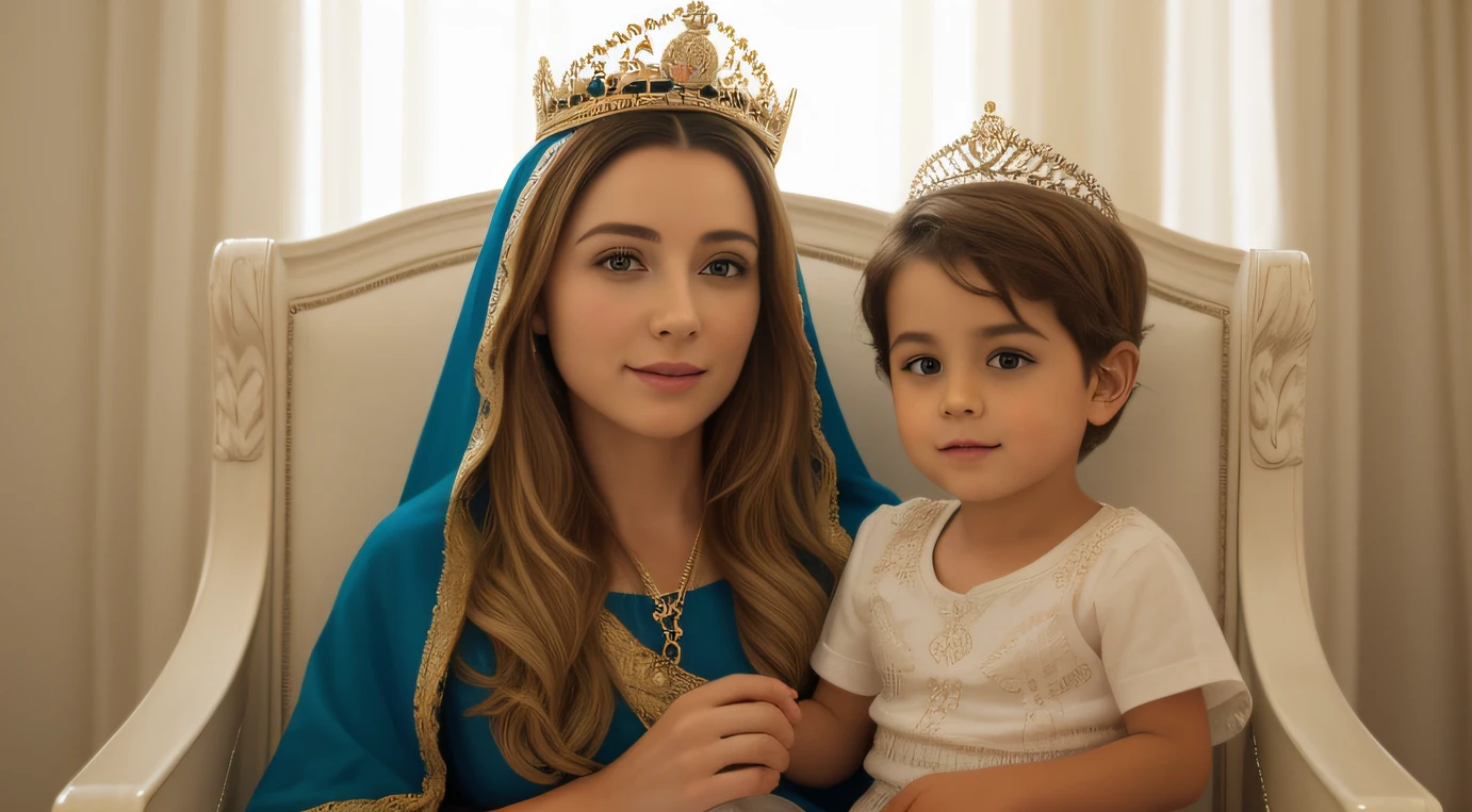 Image of a woman with a two-year-old boy on her lap, Woman with a crown on her head, Image of Mary Mother of Jesus, mulher sentada em um trono, mulher com cabelo castanho claro e olhos claros